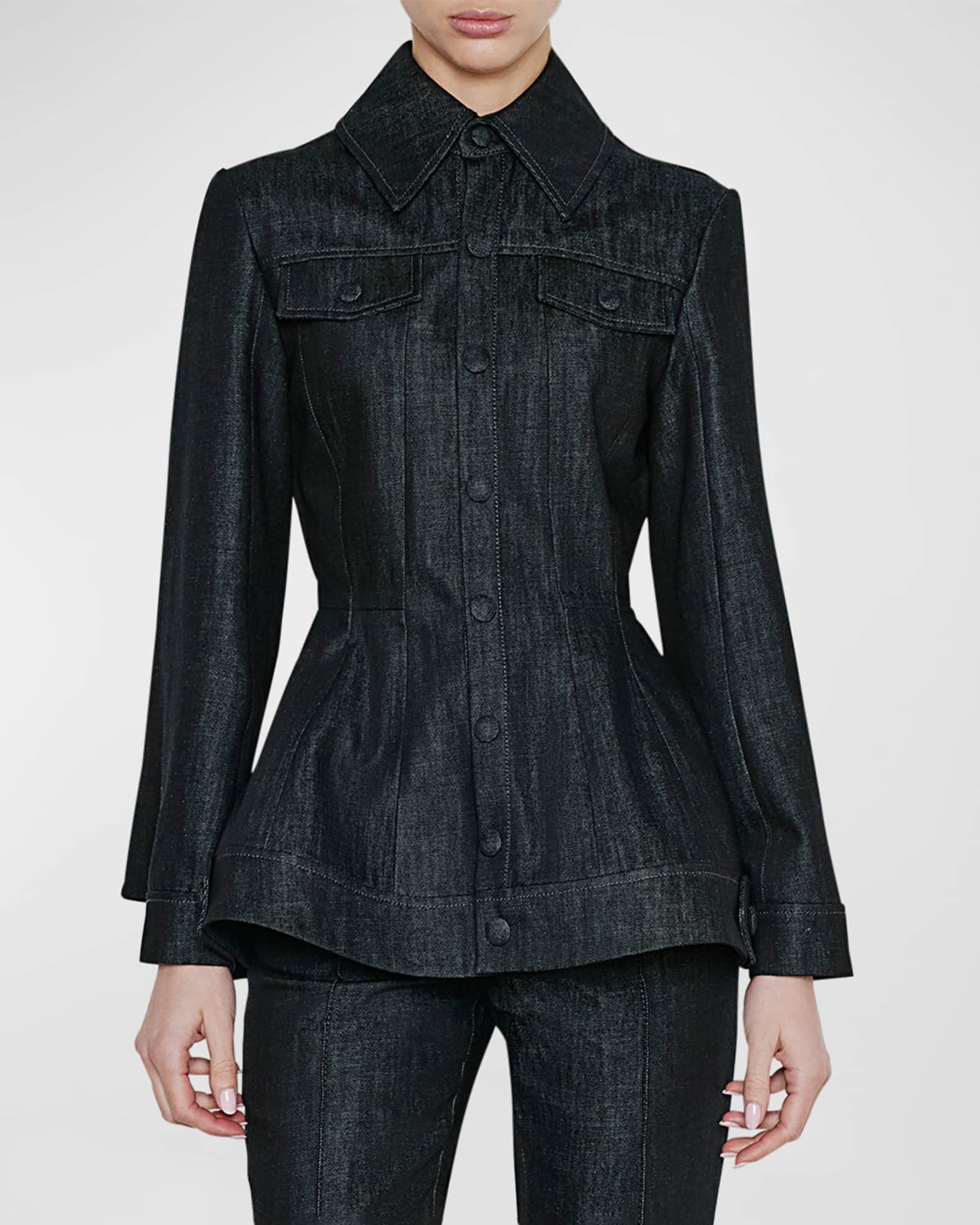 Dice Kayek Flared Denim Jacket with Pleated Back Neiman Marcus
