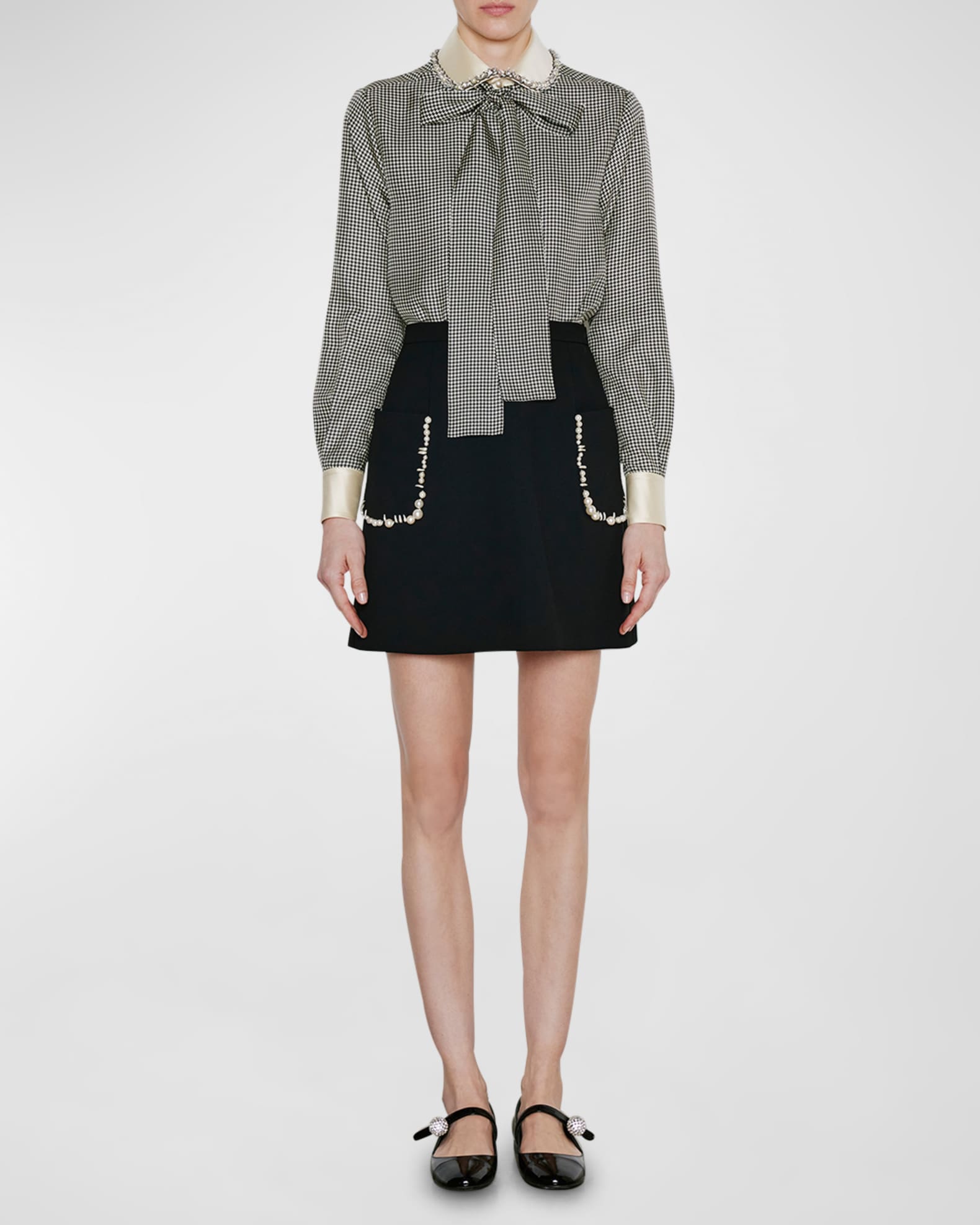 Dice Kayek Houndstooth Print Blouse with Tie Neckline Neiman Marcus