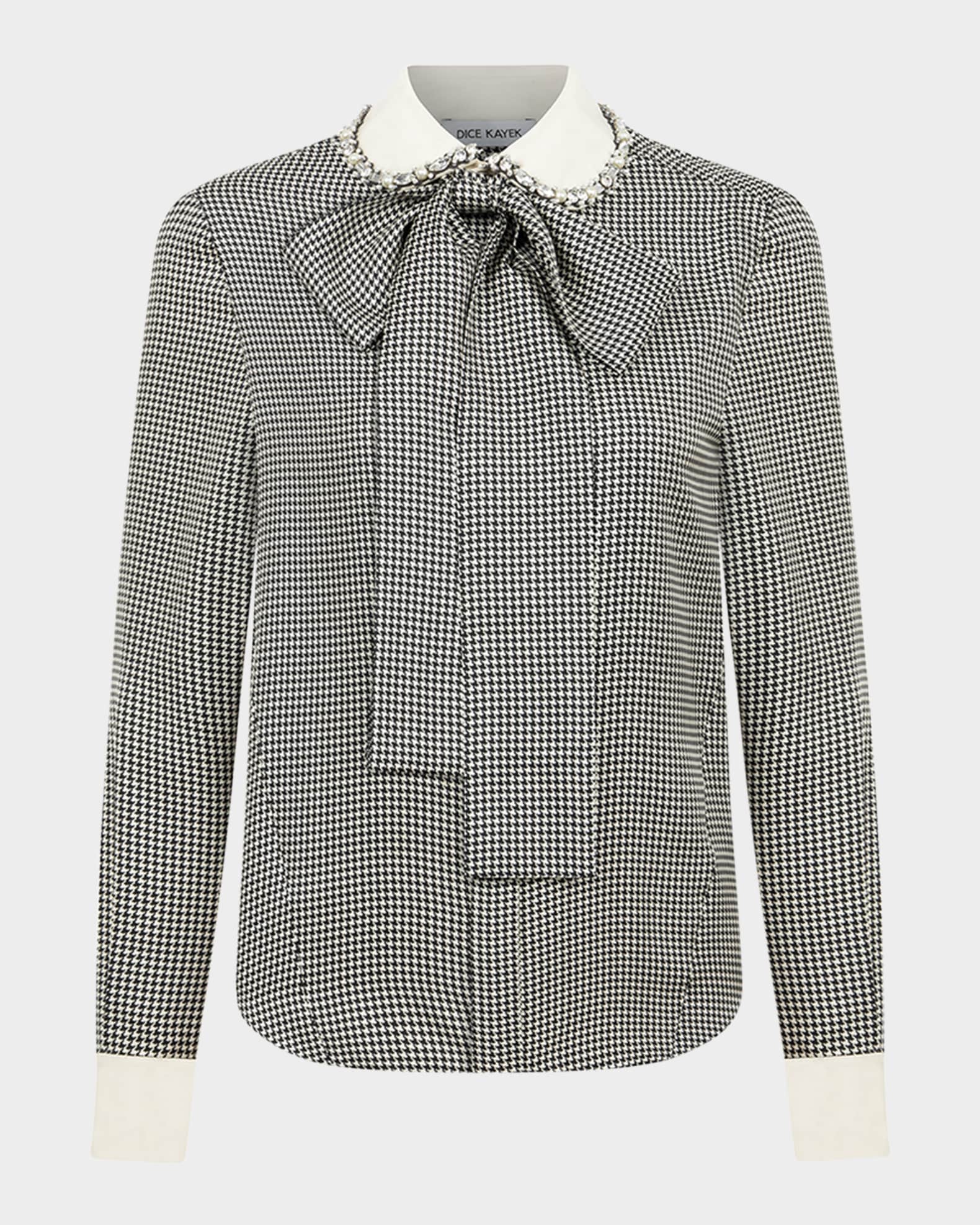 Dice Kayek Houndstooth Print Blouse with Tie Neckline Neiman Marcus
