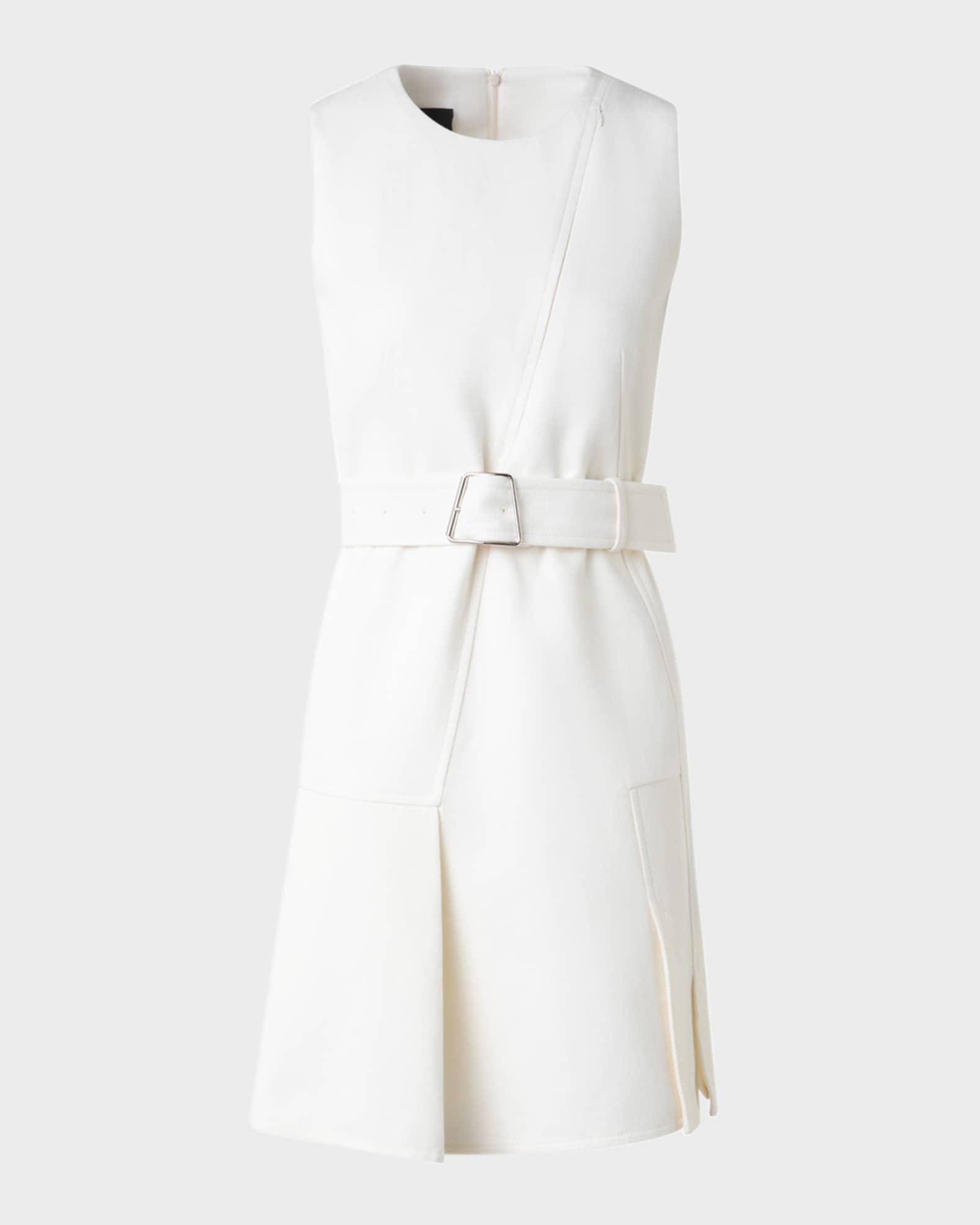 Akris Belted Wool Short Dress with Zip Up Cutout Ecru