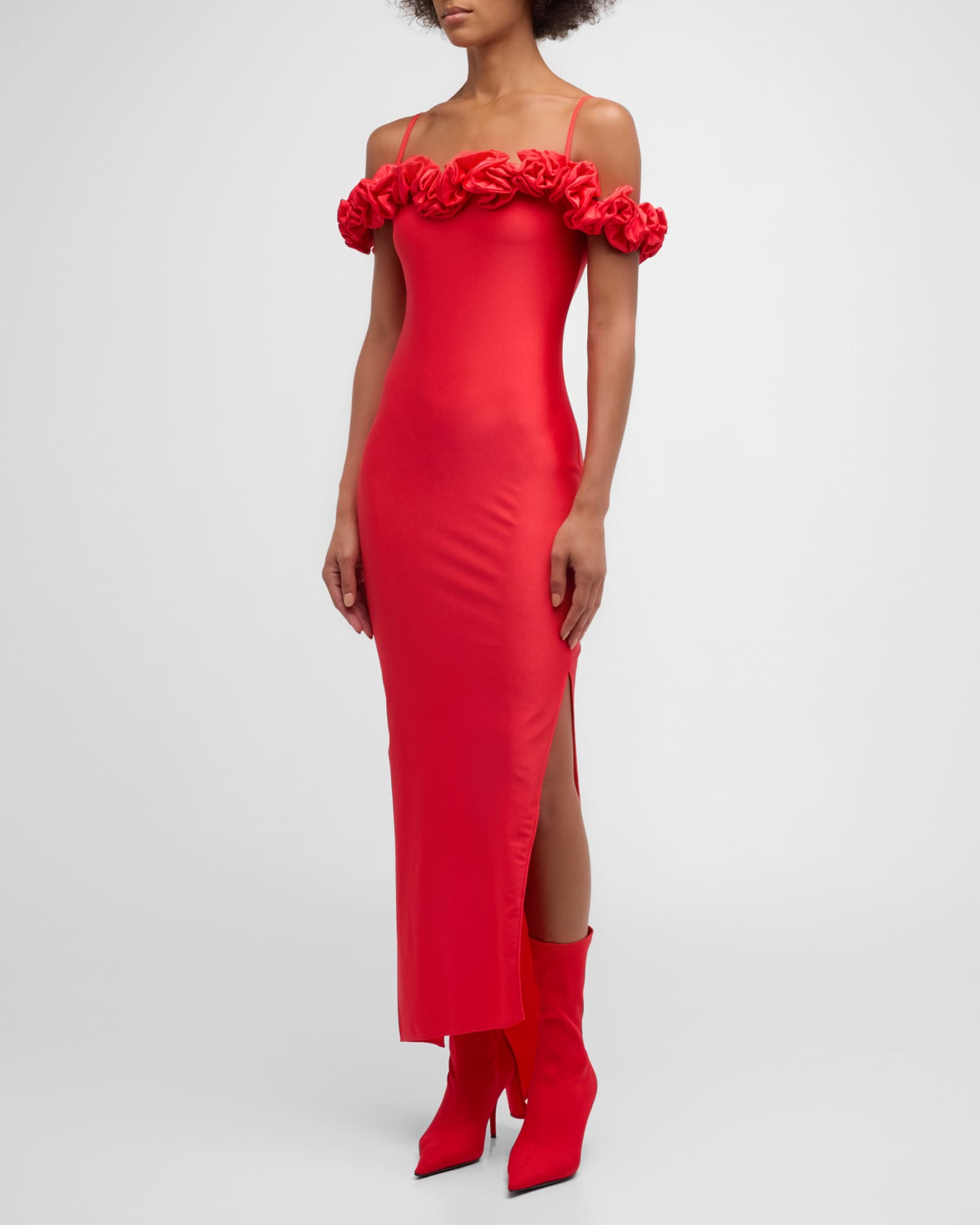 Off Shoulder Ruffle Column Gown