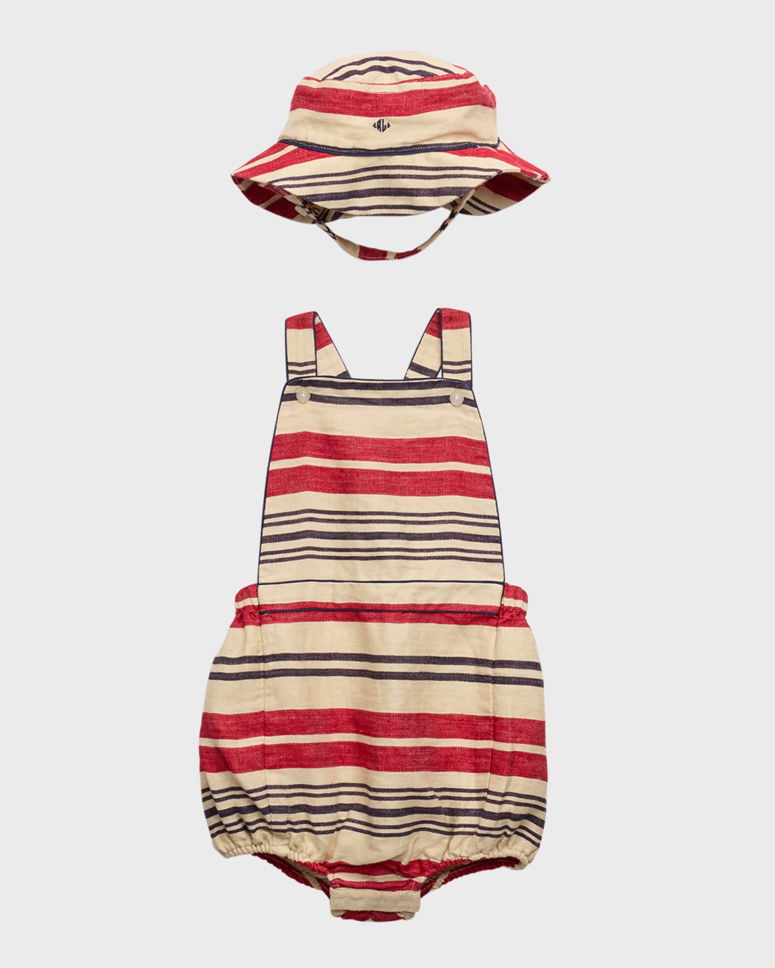 Boy's Linen Striped Bubble Shortalls and Hat Set, Size 9M-24M 0