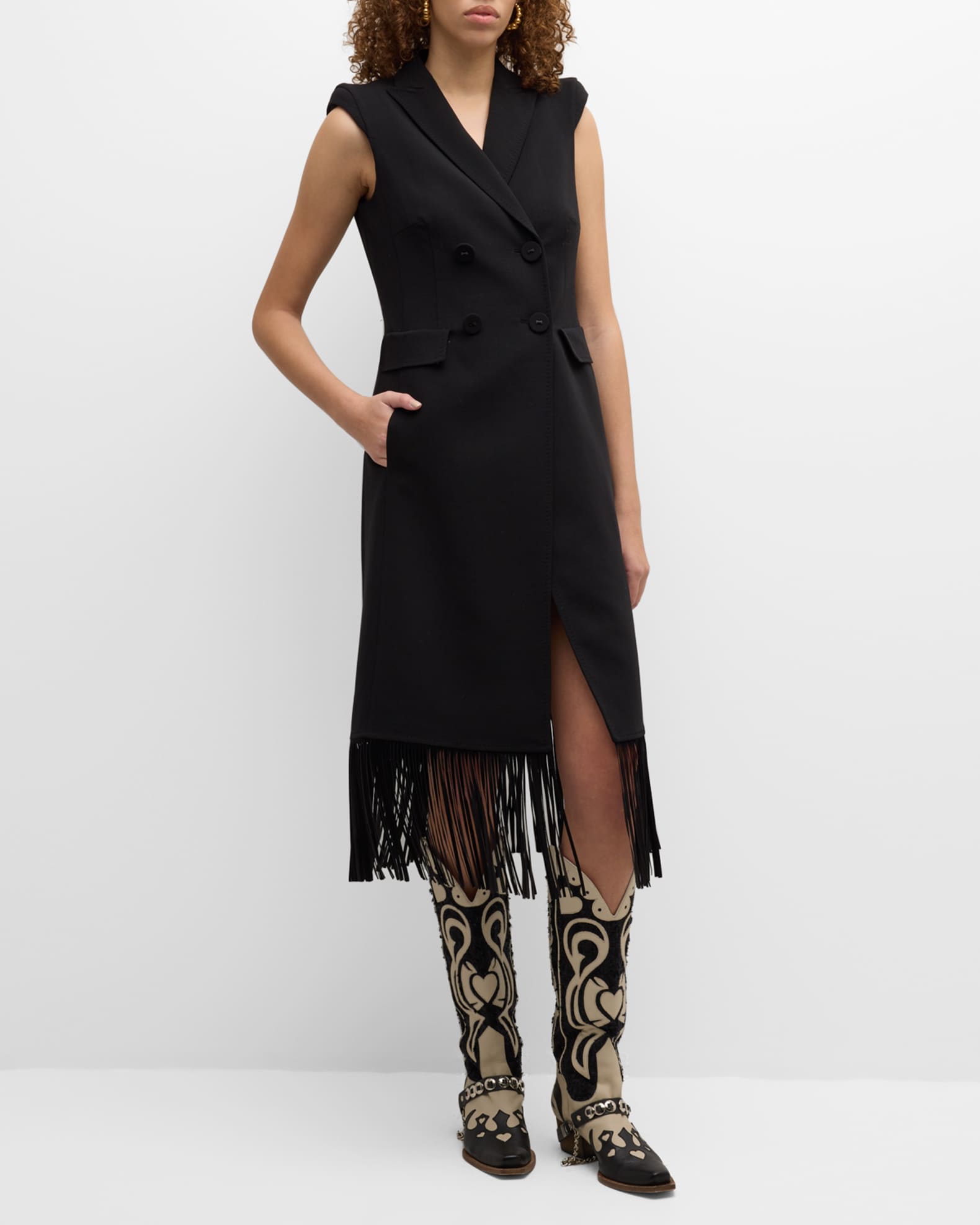 Wool Crepe Long Vest with Fringe Trim 1