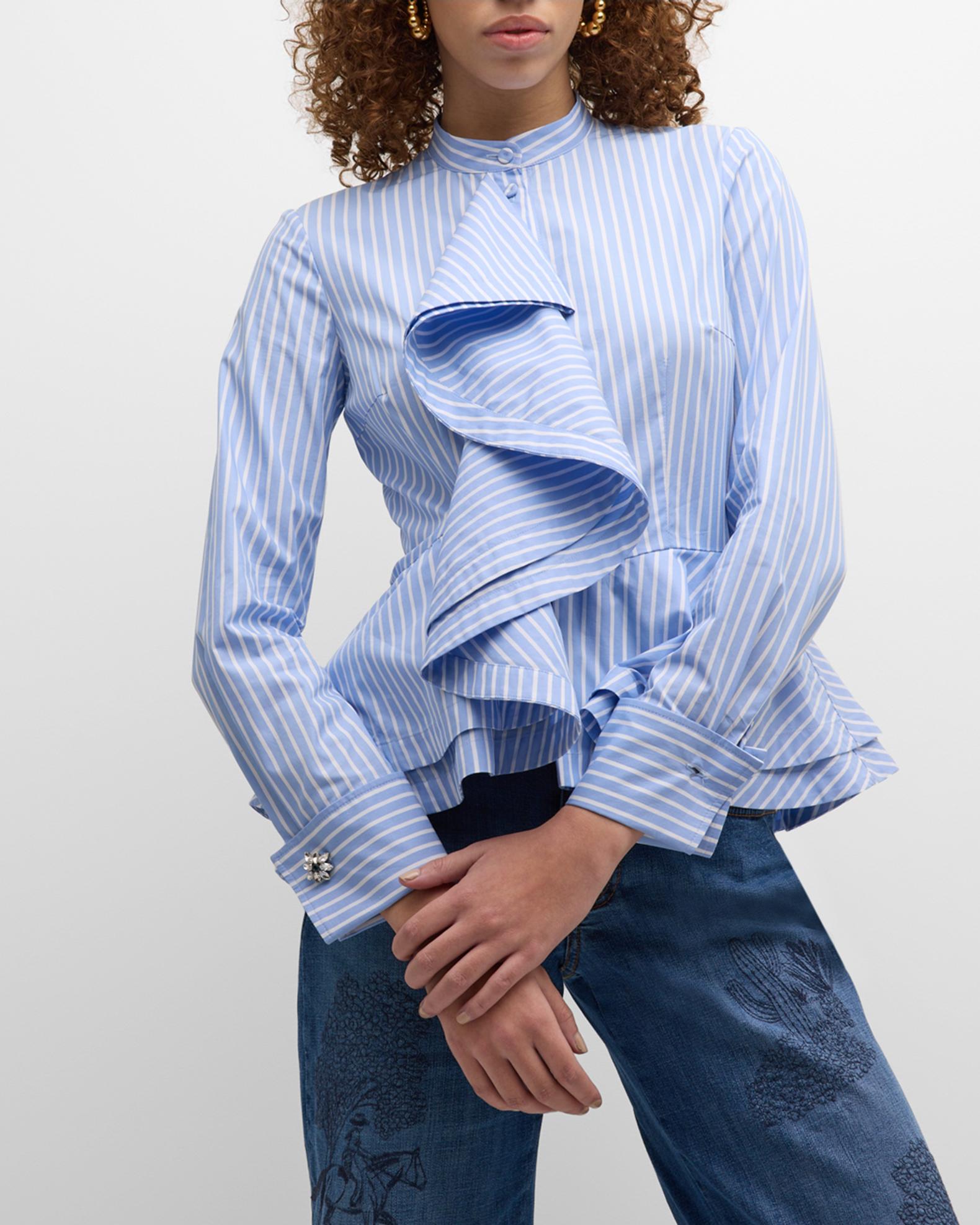 Maison Common Cotton Stripe Ruffled Shirt with Western Embroidered Back ...