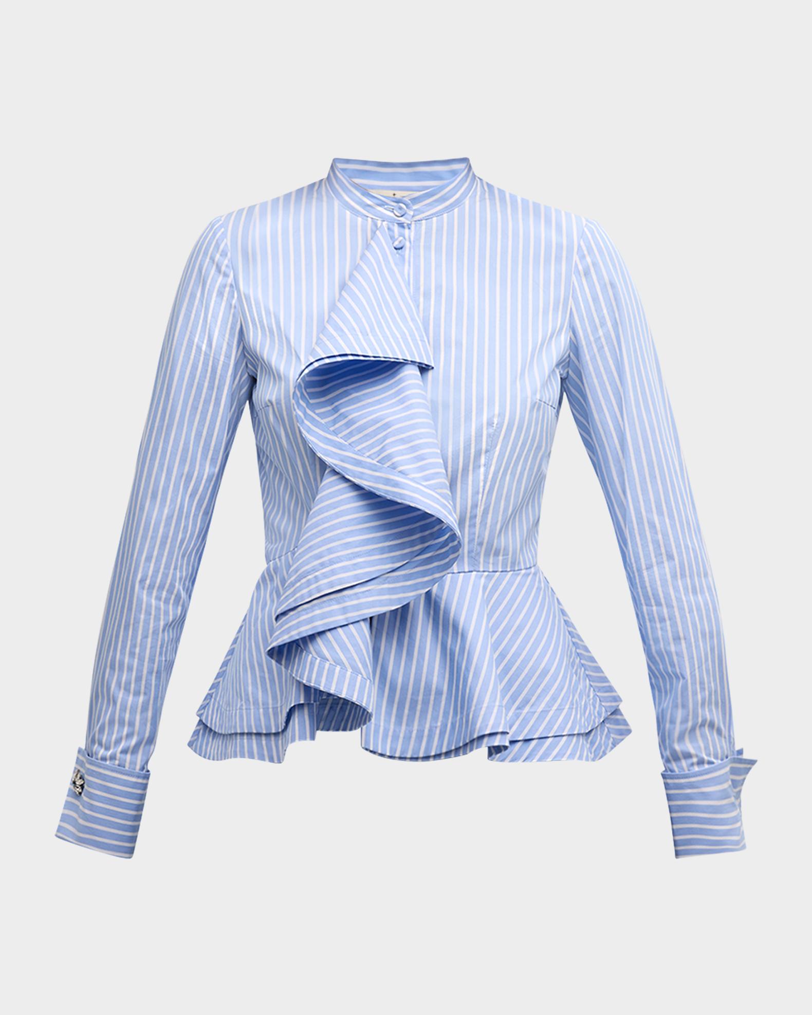 Maison Common Cotton Stripe Ruffled Shirt with Western Embroidered Back ...