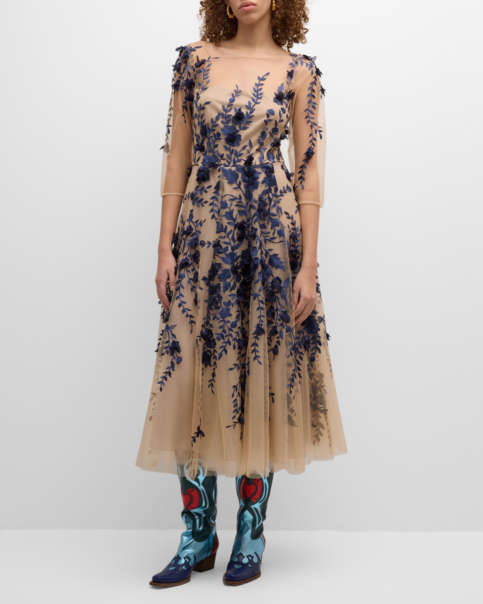 Floral Embroidered Tulle Fit Flare Midi Dress
