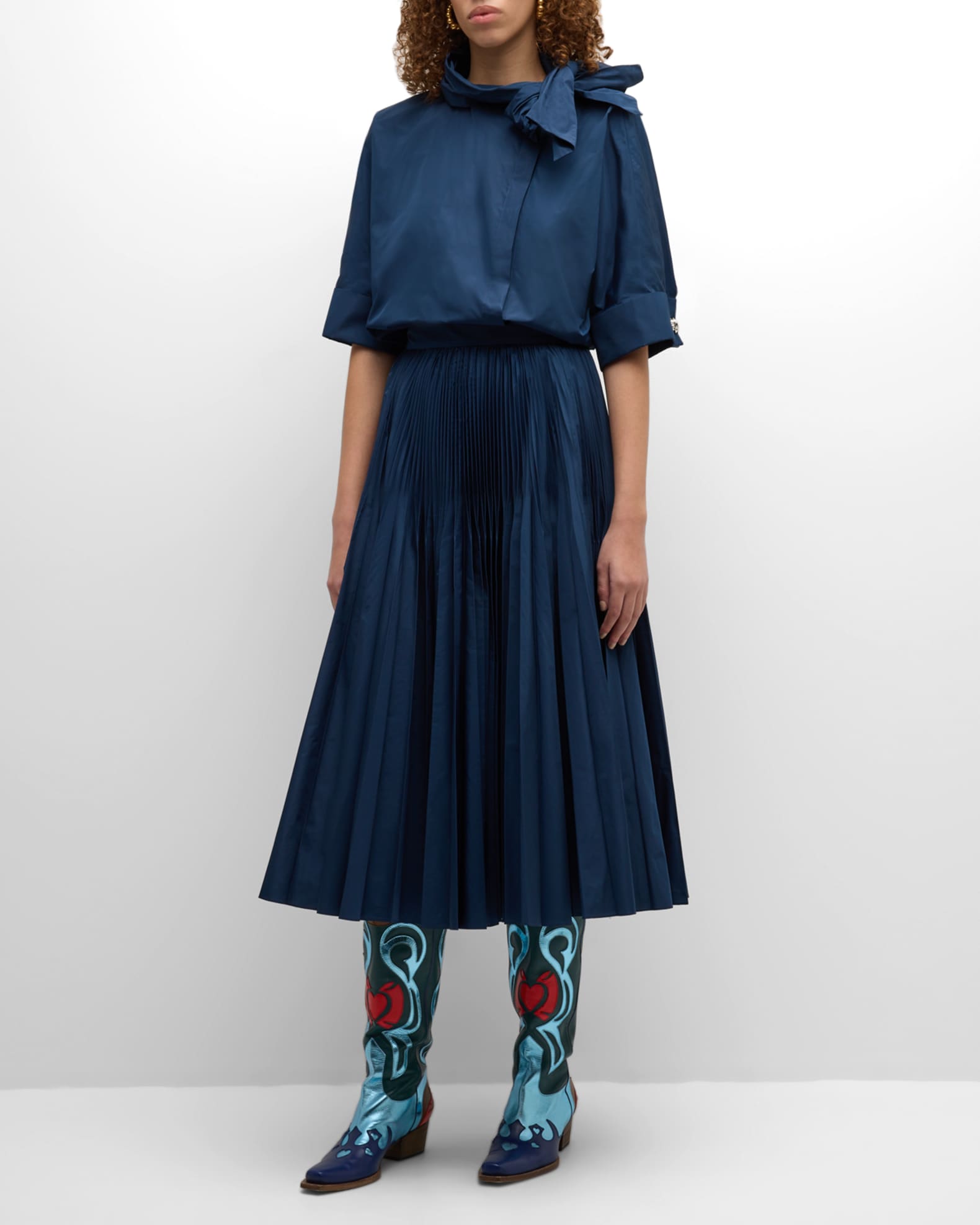 French Blue Taffeta Tea Length Midi Skirt main image 0