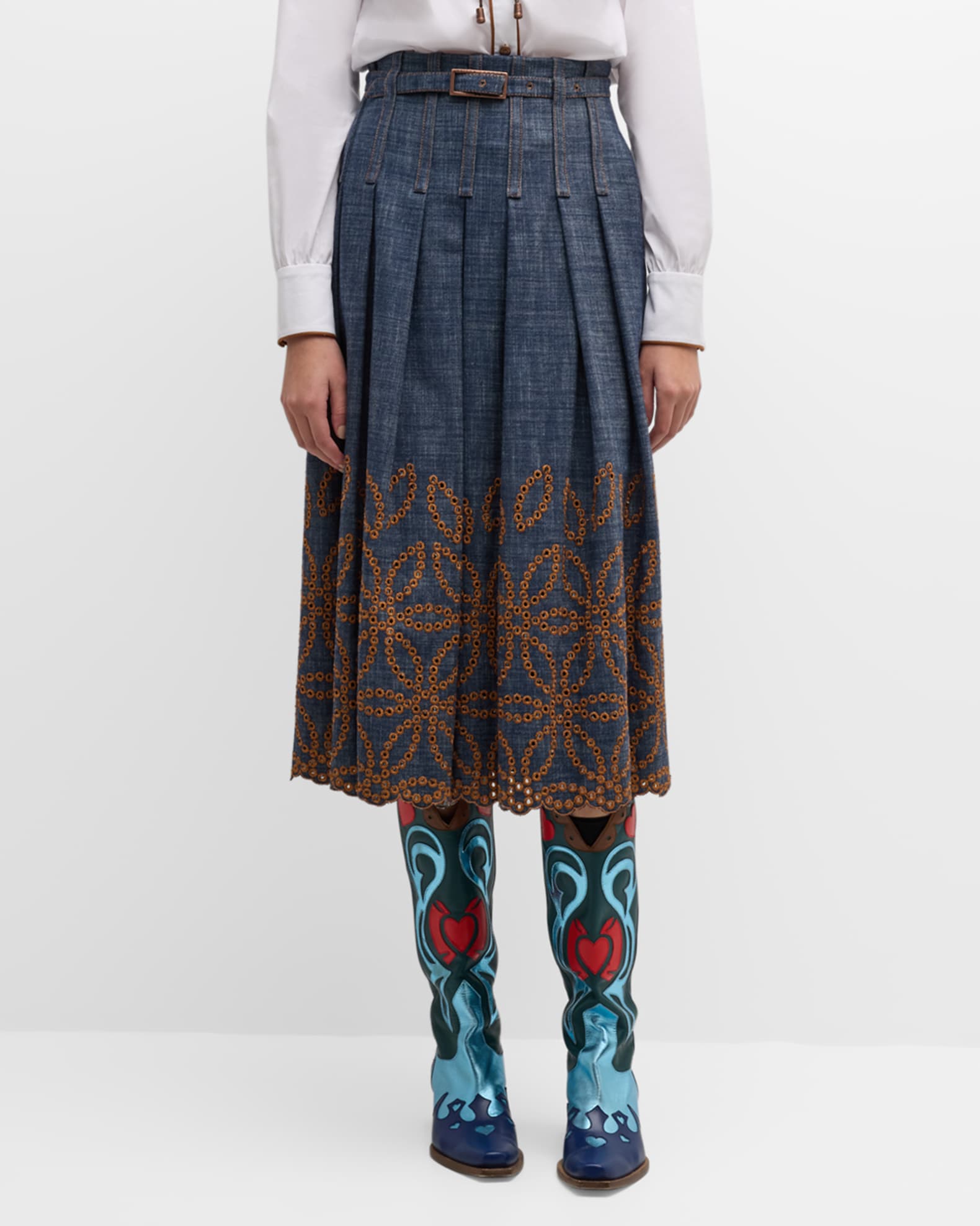 Pintuck Denim Eyelet Belted Midi Skirt 1