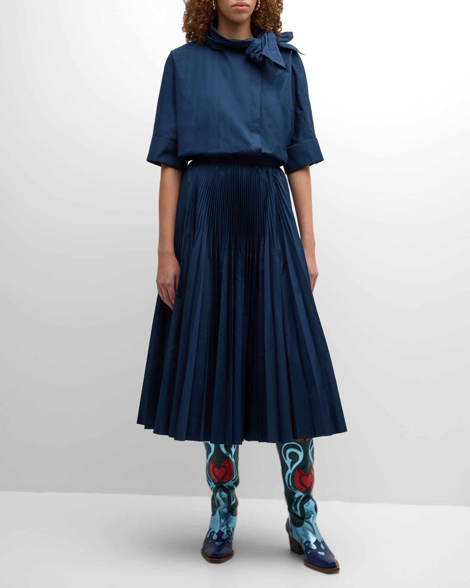 Neck-Tie Taffeta Short Sleeve Blouse 1