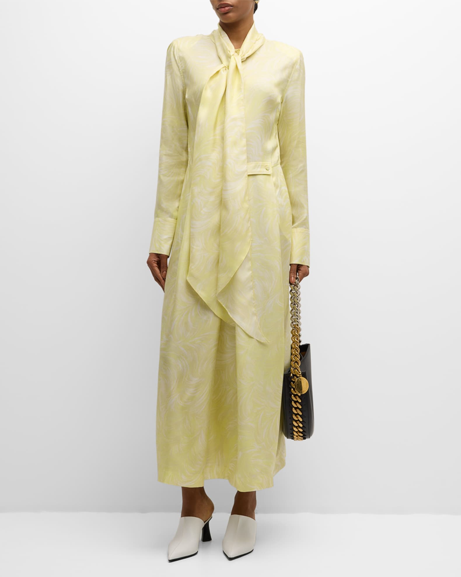 Stella McCartney Feather Print Scarf Neck Long Sleeve Silk Maxi Dress Neiman Marcus