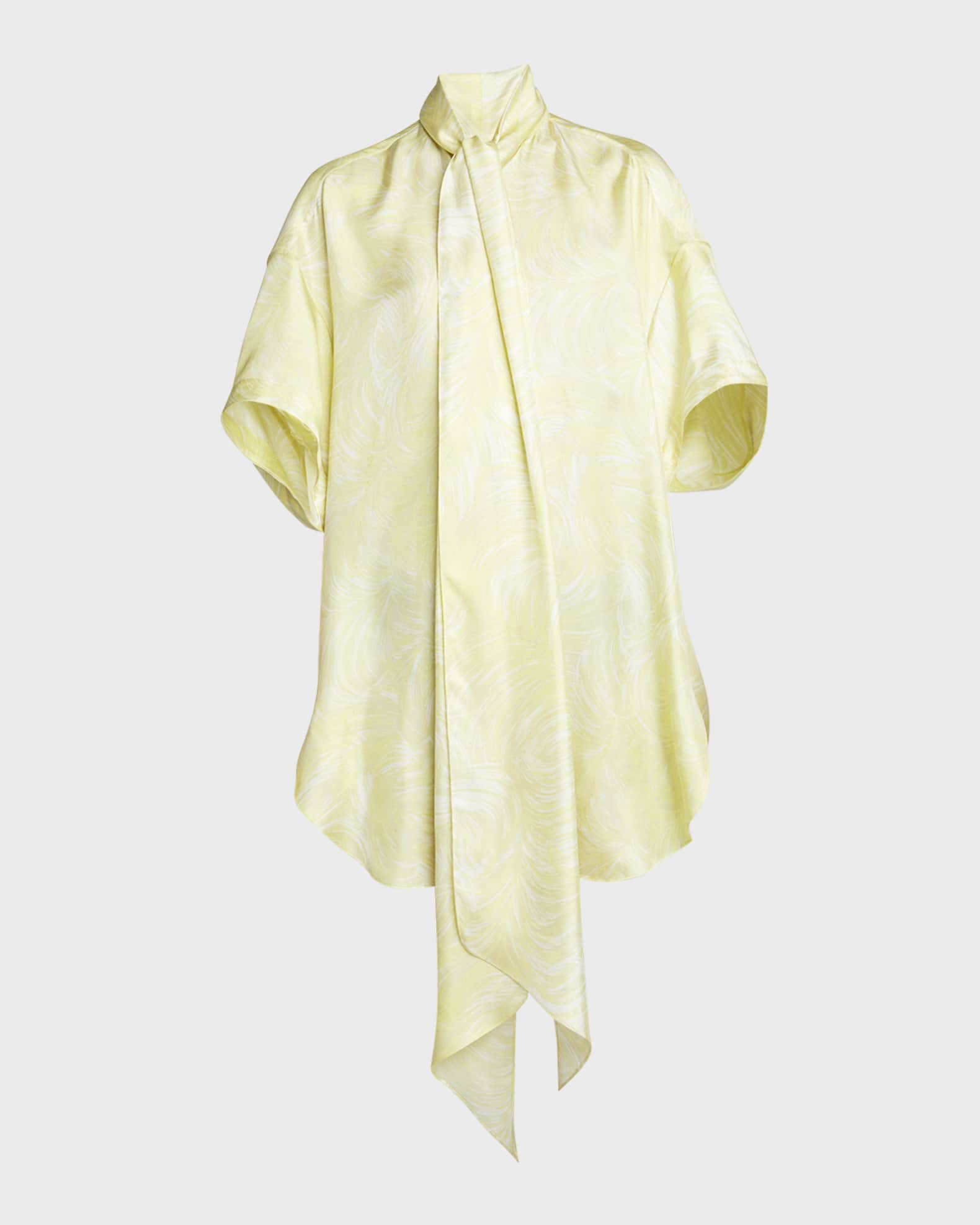 Feather Print Scarf-Neck Short Silk Tunic Dress 0