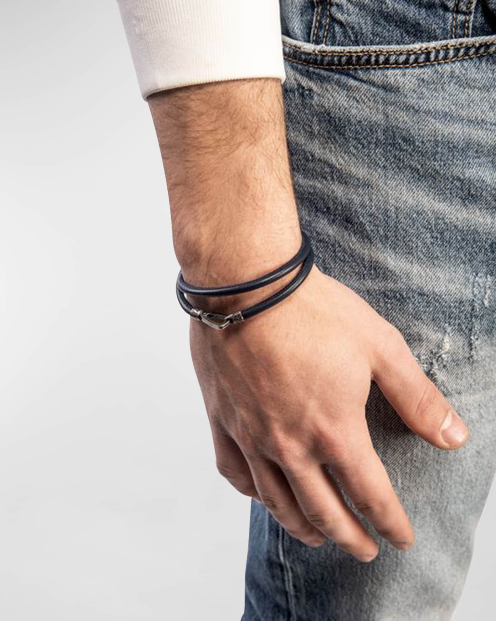 Men's Lash Double Wrap Smooth Leather Bracelet, Silver 1