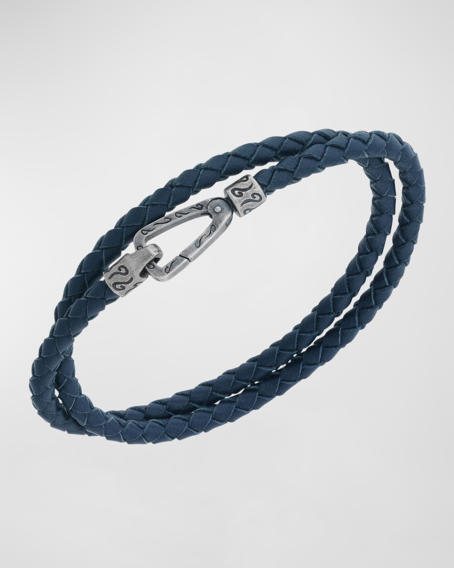 Men's Double Wrap Oxidized Silver and Woven Leather Bracelet 0