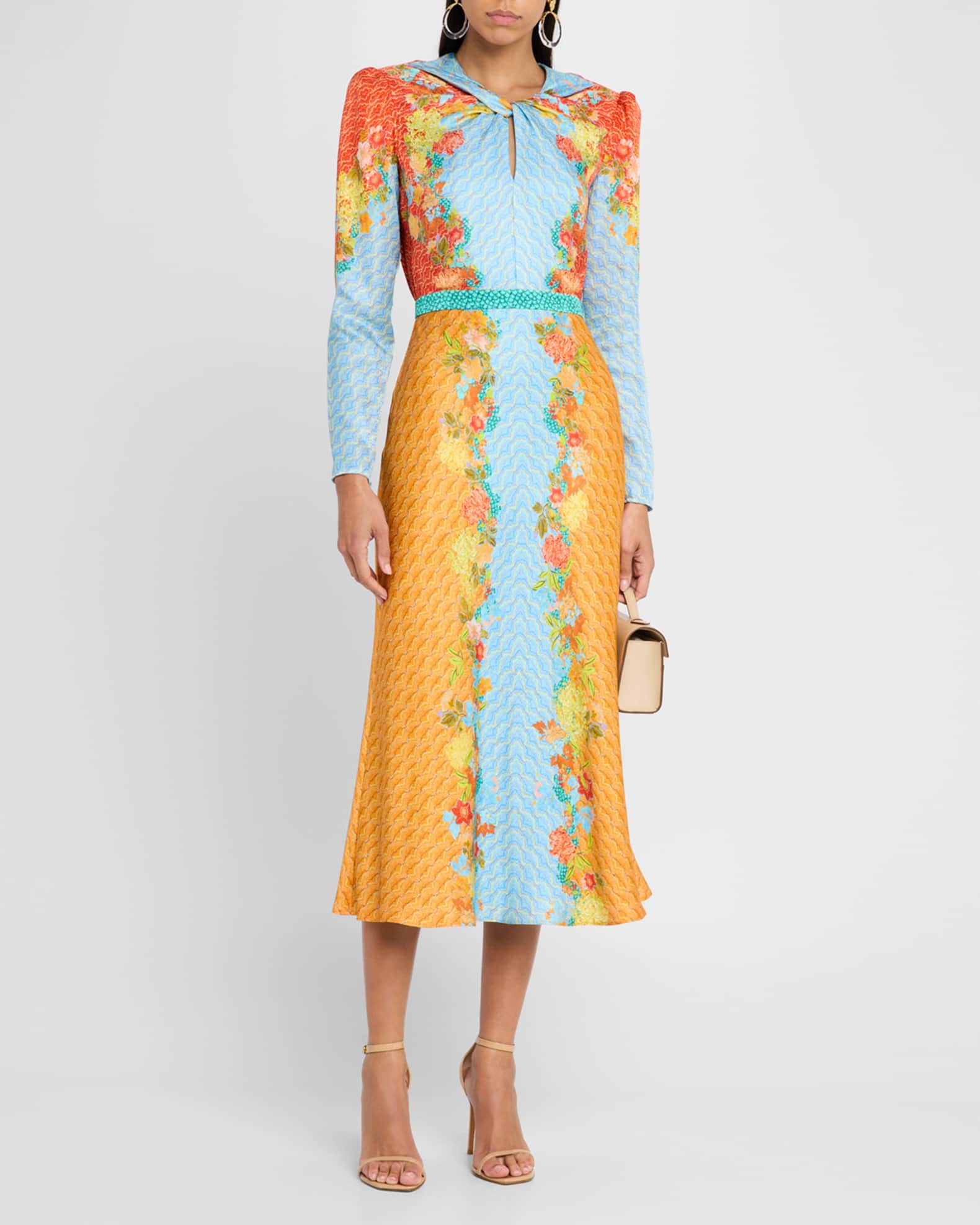 Claudia Floral Silk Long-Sleeve Fluted Midi Dress 1