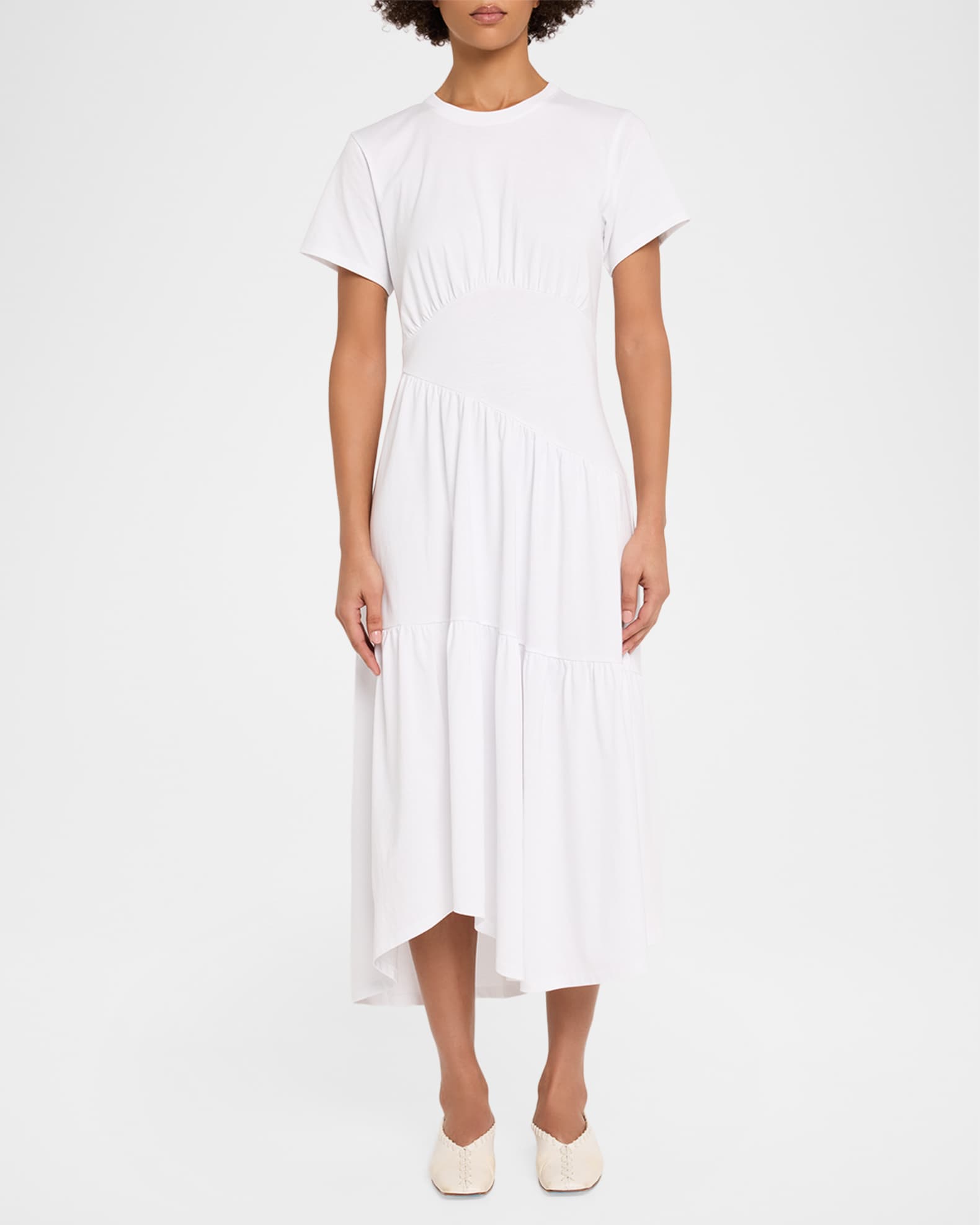 FRAME Gathered Seam Short Sleeve Dress | Black | Cotton | Size Medium