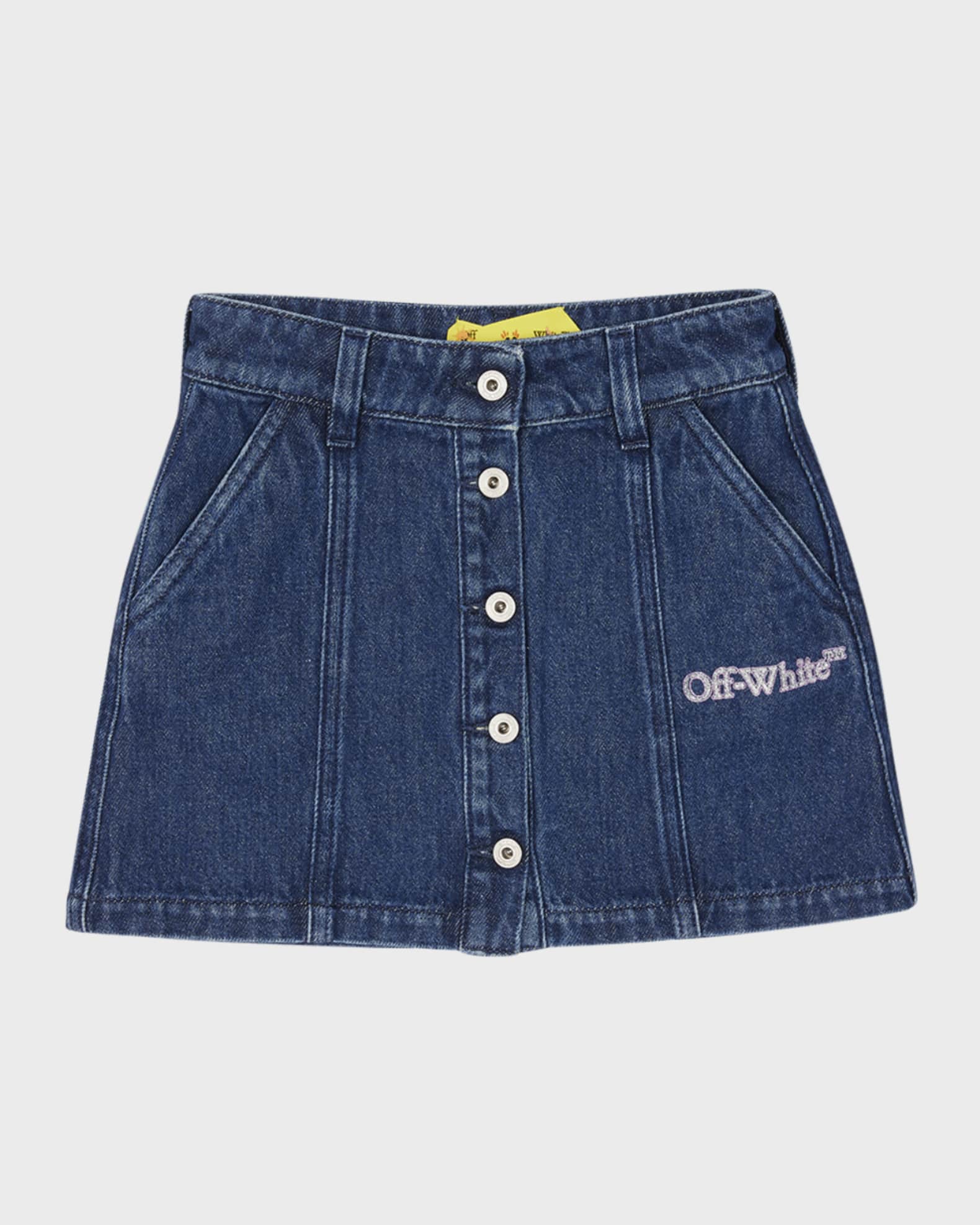 Off White Girl s Glitter Logo Print Denim Skirt Size 14 Neiman Marcus