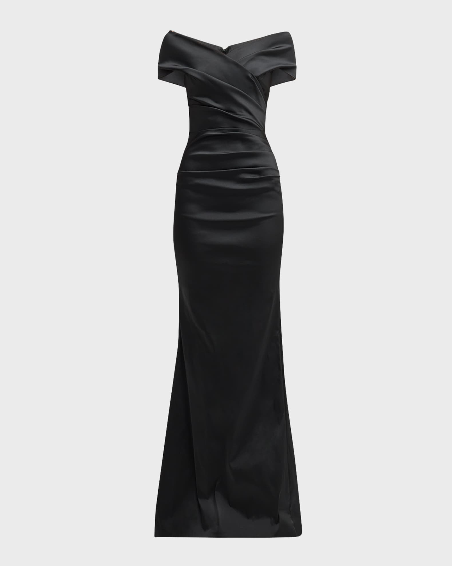 Rickie Freeman for Teri Jon Pleated Off-Shoulder Satin Column Gown ...