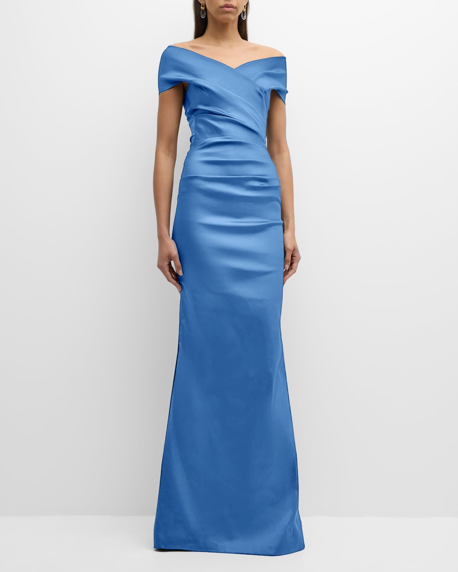 Pleated Off-Shoulder Satin Column Gown 1