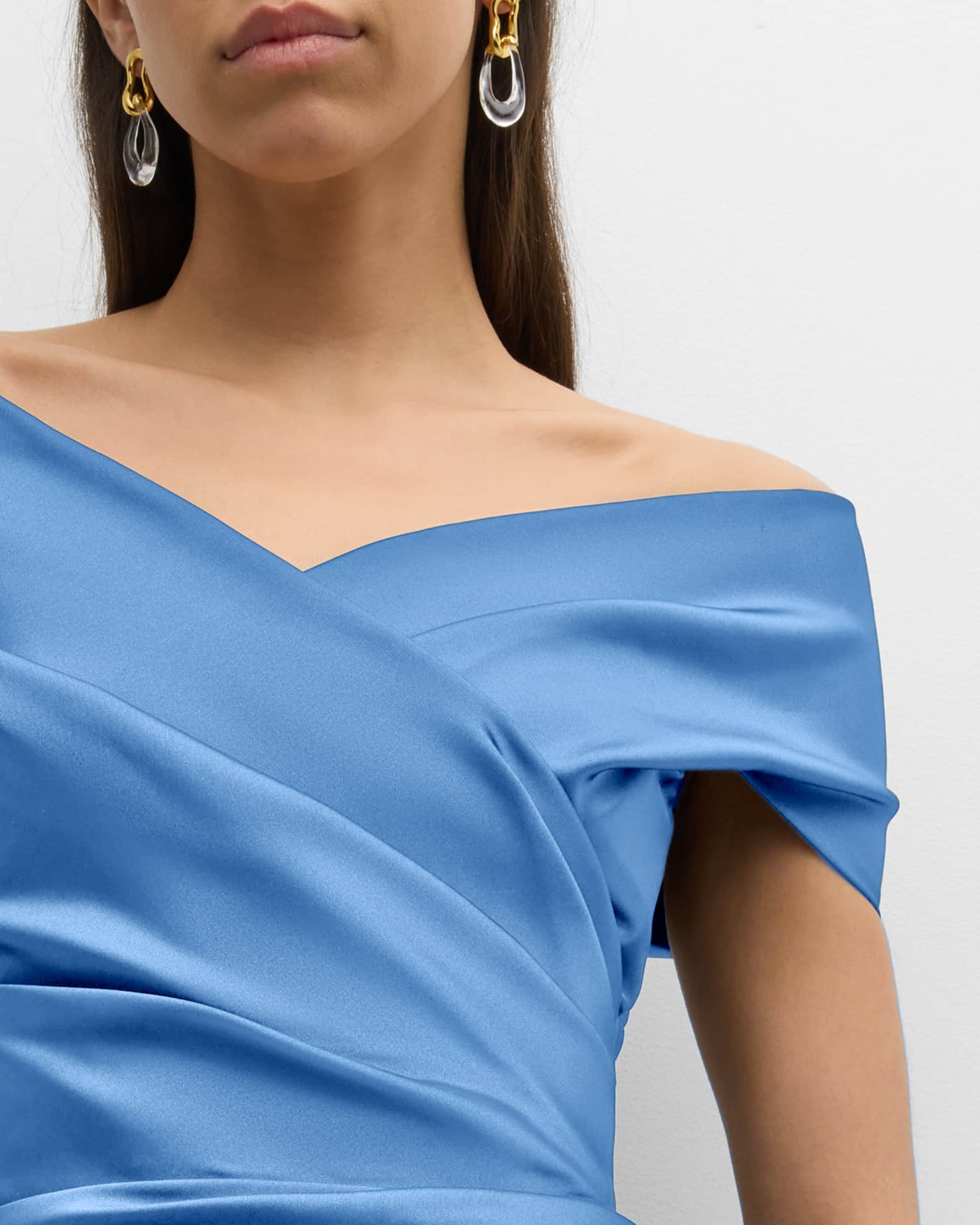 Chic Pleated Off-the-Shoulder Stretch Satin Dress Teal main image 1