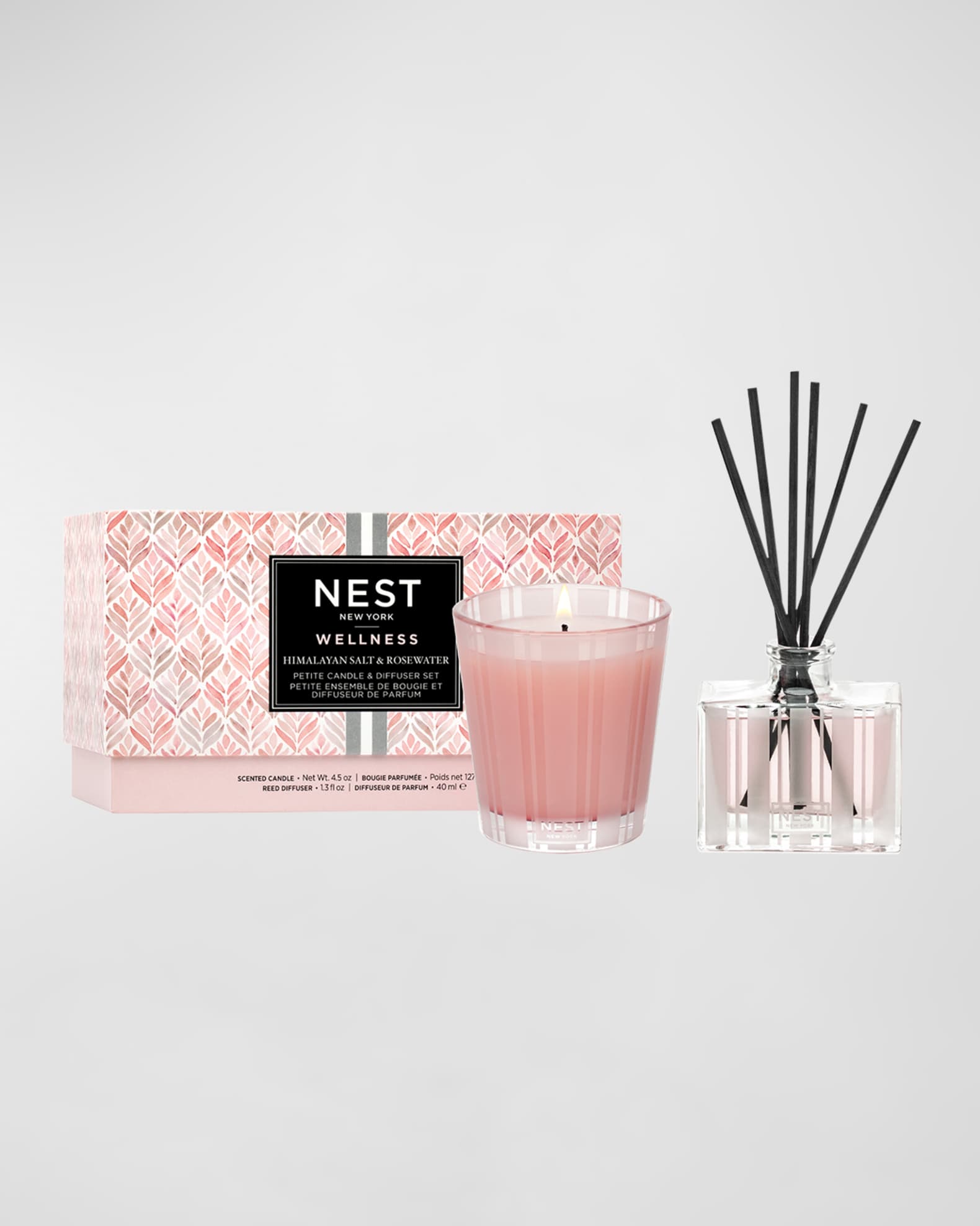 NEST New York Scented Petite Candle (4.5 Oz) & Diffuser (1.3 Fl Oz) Set, Himalayan Salt & Rosewater - Reusable Glass Vessel - Vegan