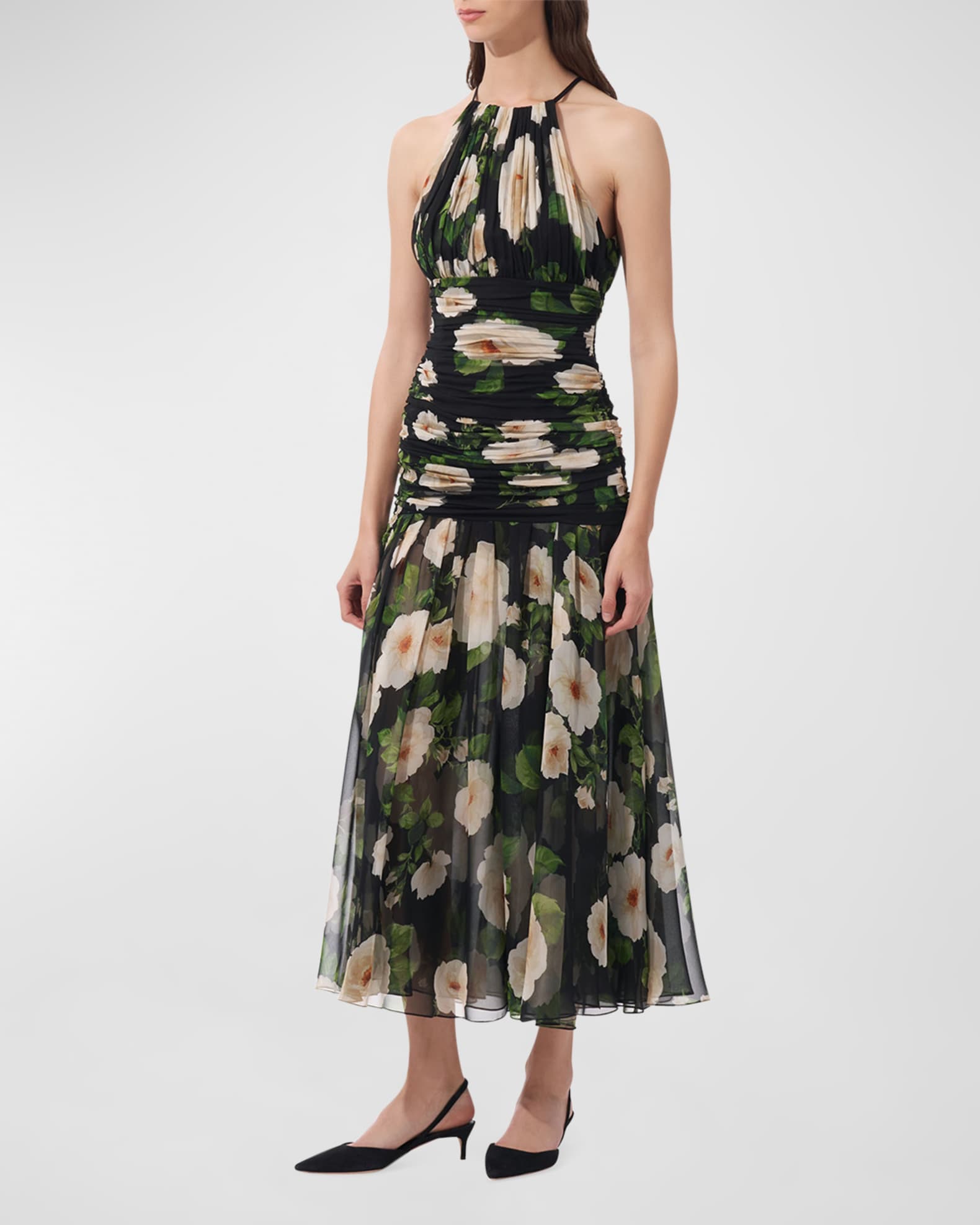 Carolina Herrera Floral Gathered Halter Neck Midi Dress Black Multi