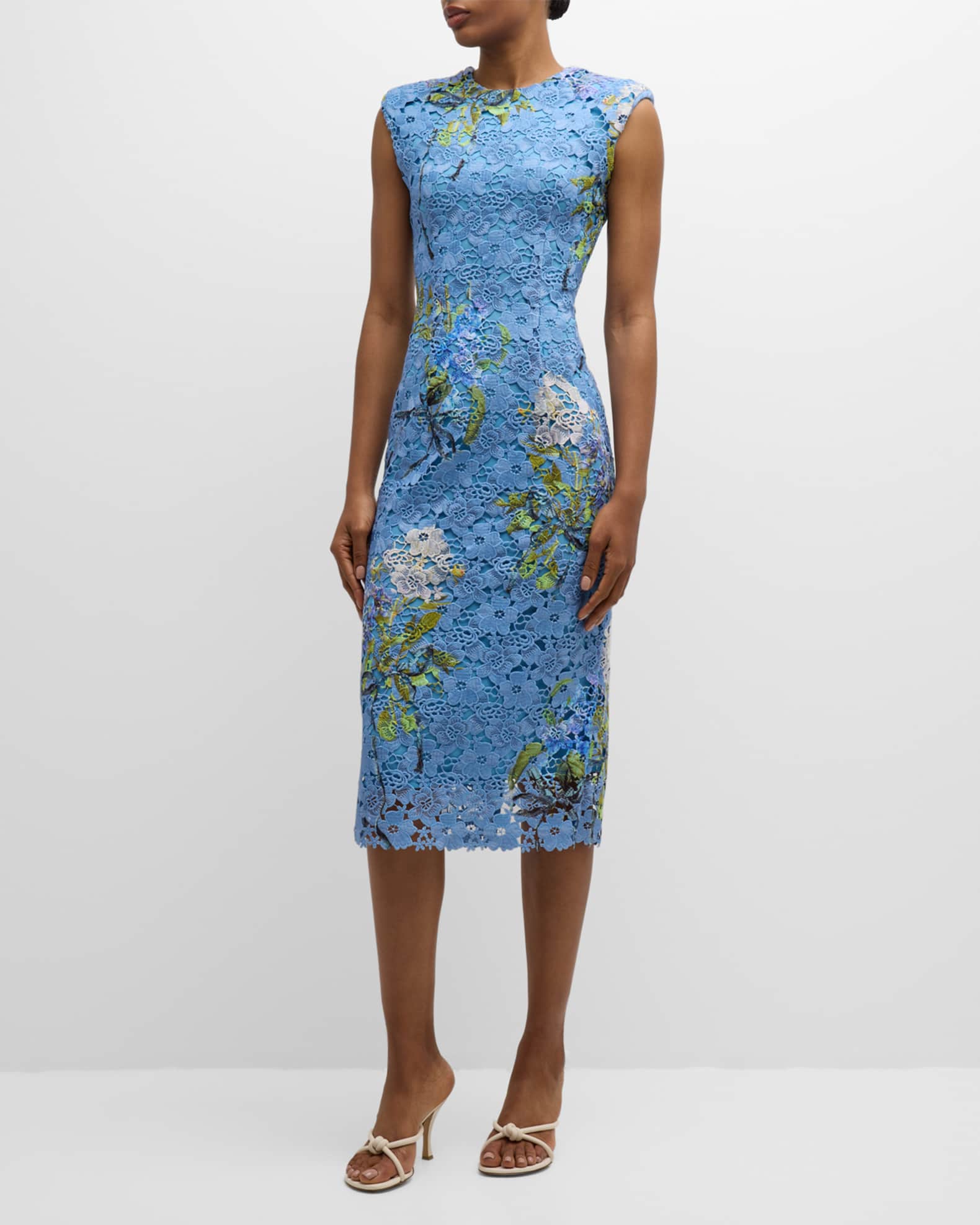 Monique Lhuillier Hydrangea Print Guipure Lace Sheath Dress Sky Blue Mutli Women s 12 Cocktail Party Wedding Guest Dresses Sheath Dresses
