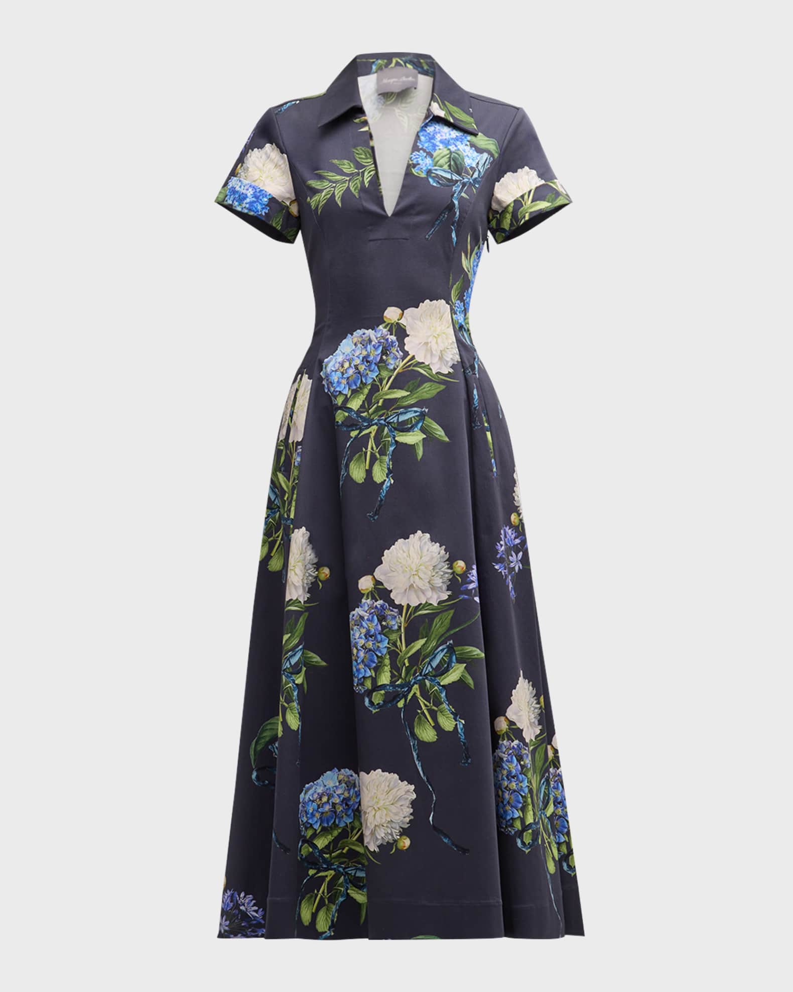 Monique Lhuillier Hydrangea-Print Poplin Short-Sleeve Belted Midi Shirtdress