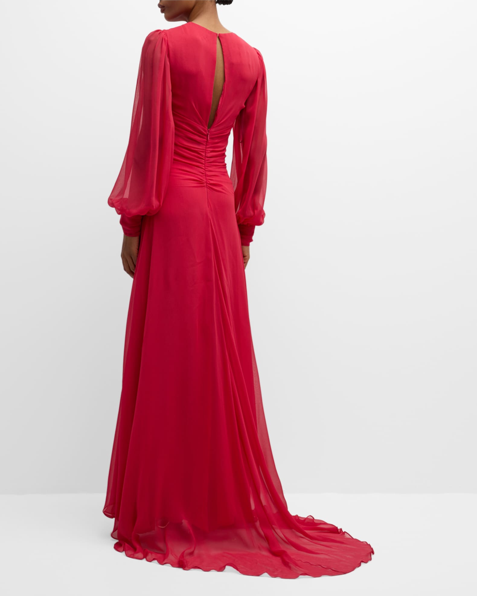 Monique Lhuillier Silk Chiffon Women s Gown with Twist Front and Blouson Sleeves in Pomegranate Size 4