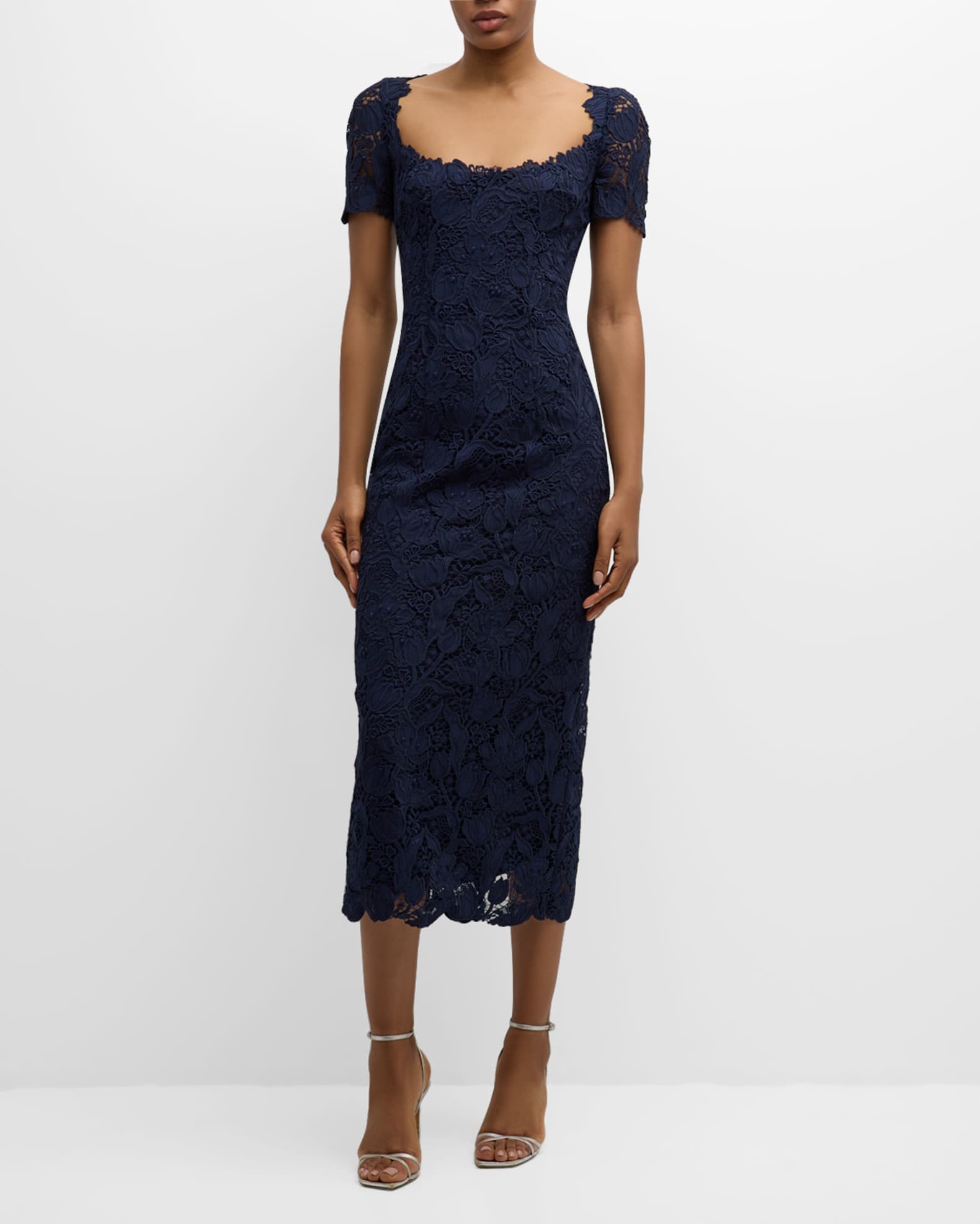 Monique Lhuillier Guipure Tulip Lace Short Sleeve Midi Sheath Dress Neiman Marcus