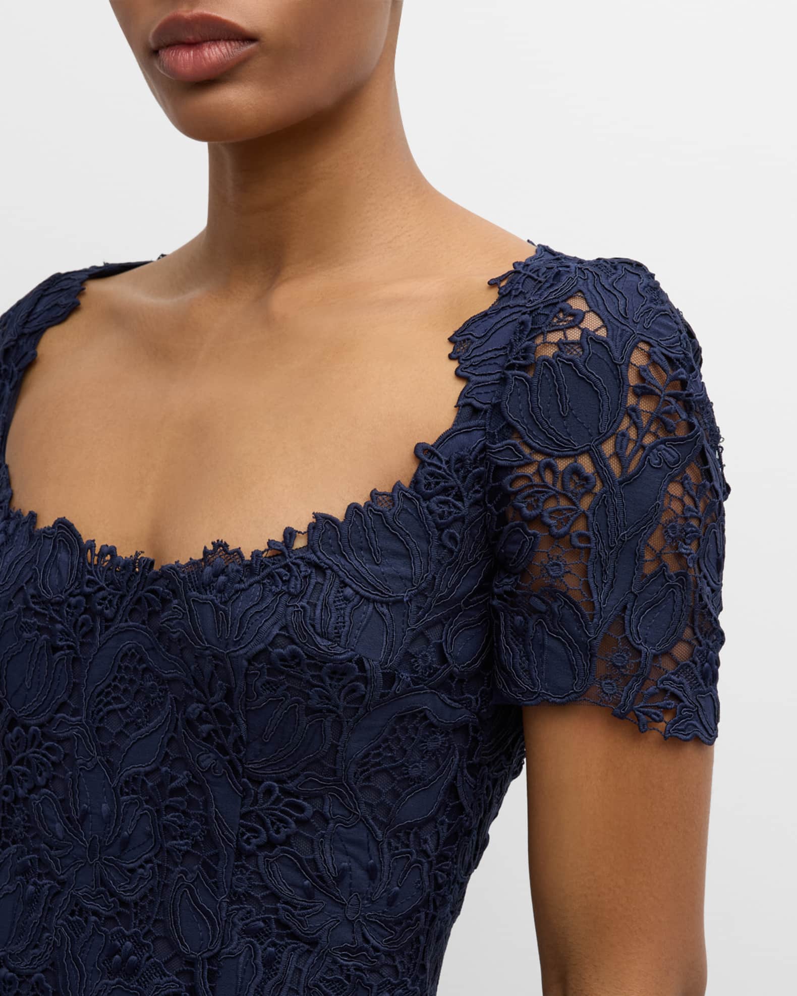 Guipure Tulip Lace Short Sleeve Midi Sheath Dress