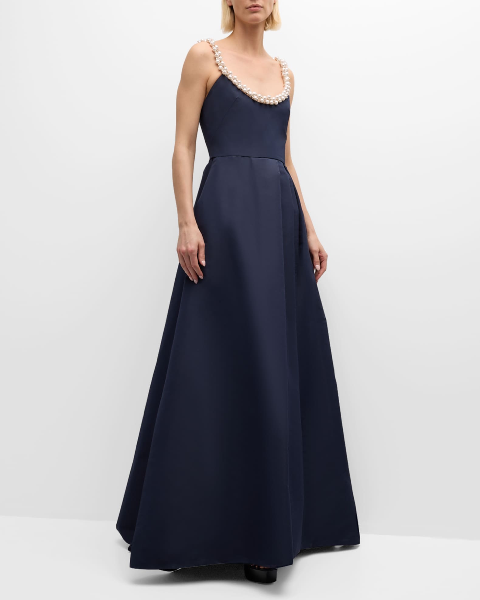 Beaded Neckline Sleeveless Pleated Slit Gown