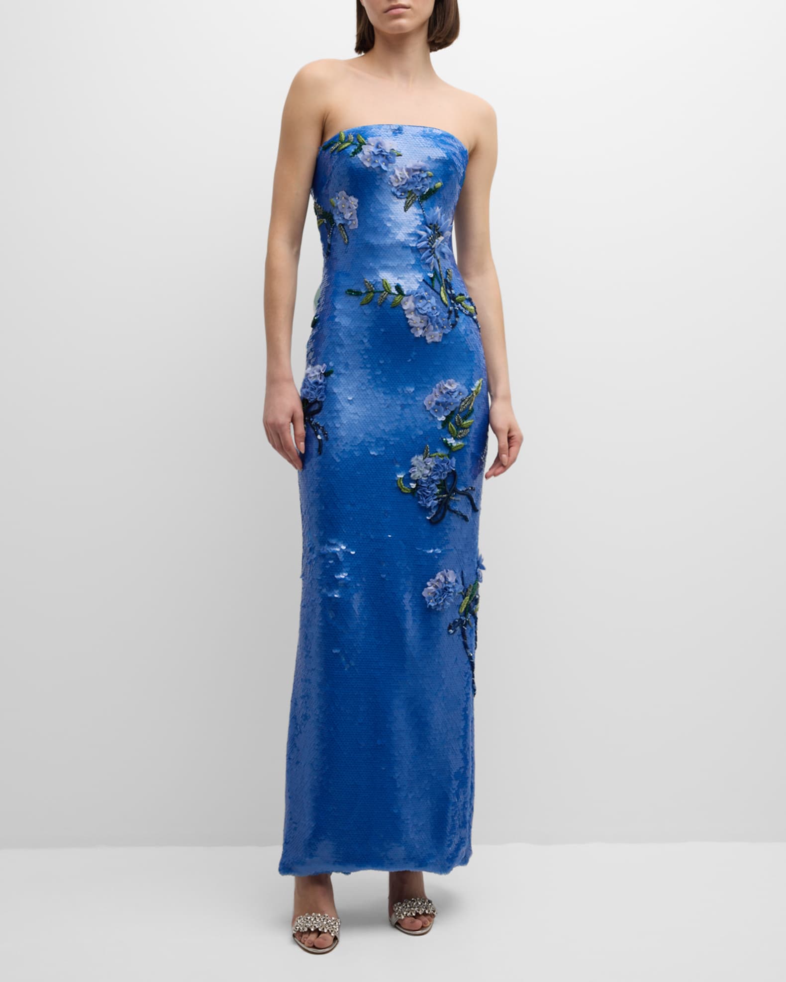 Monique Lhuillier Strapless Sequin Column Gown with Embroidered Floral Details | Neiman Marcus