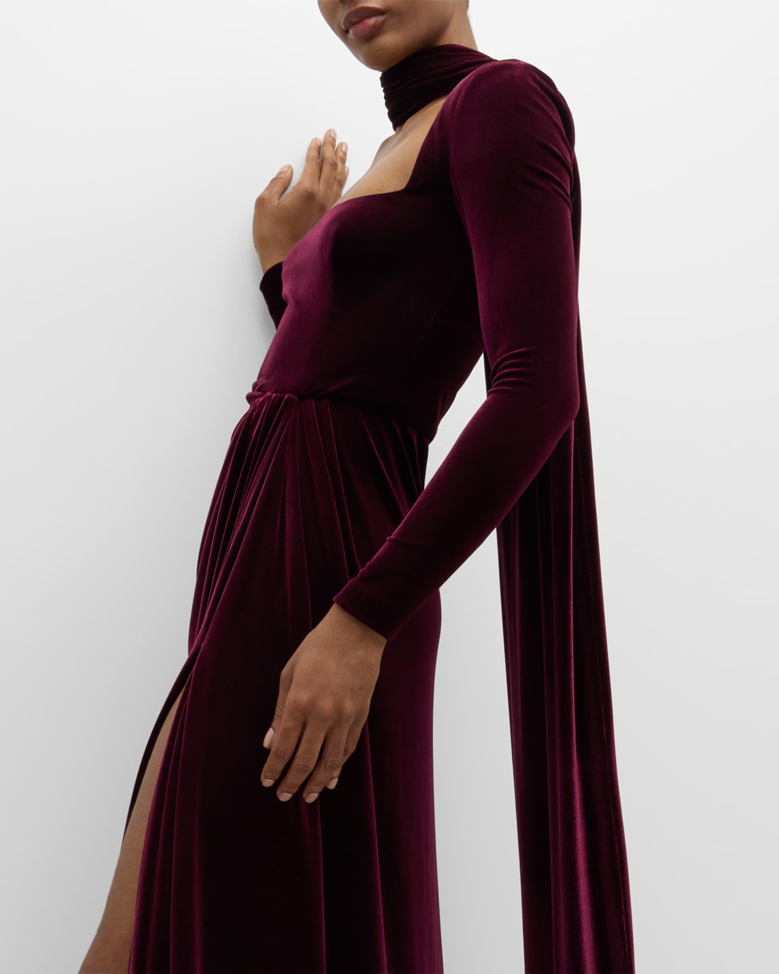 Monique Lhuillier Square-Neck Long-Sleeve Velvet Scarf Gown | Neiman Marcus