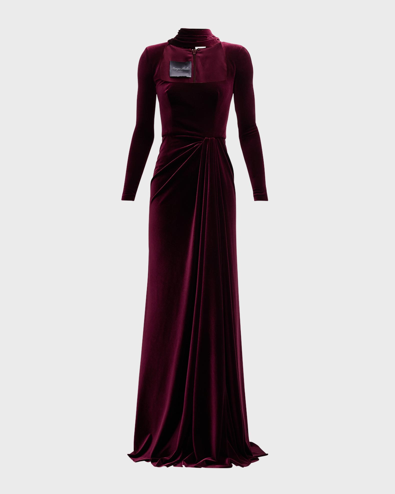 long sleeve dress with neck scarf Long Sleeve Velour Gown With Scarf 12 / Merlot