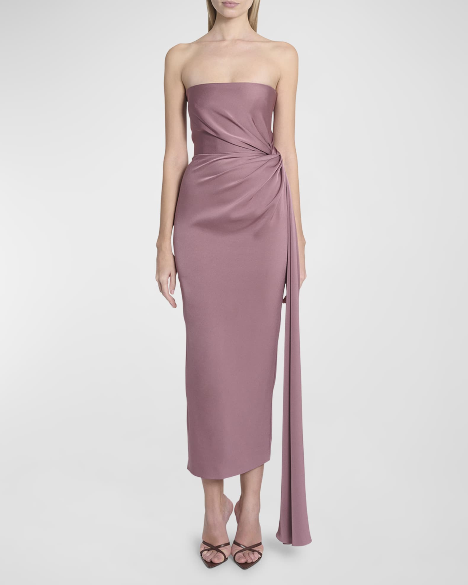 Alex Perry Strapless Satin Midi Dress with Draped Detail Mauve Women s 14 Cocktail Party Wedding Guest Dresses Satin Silk Dresses