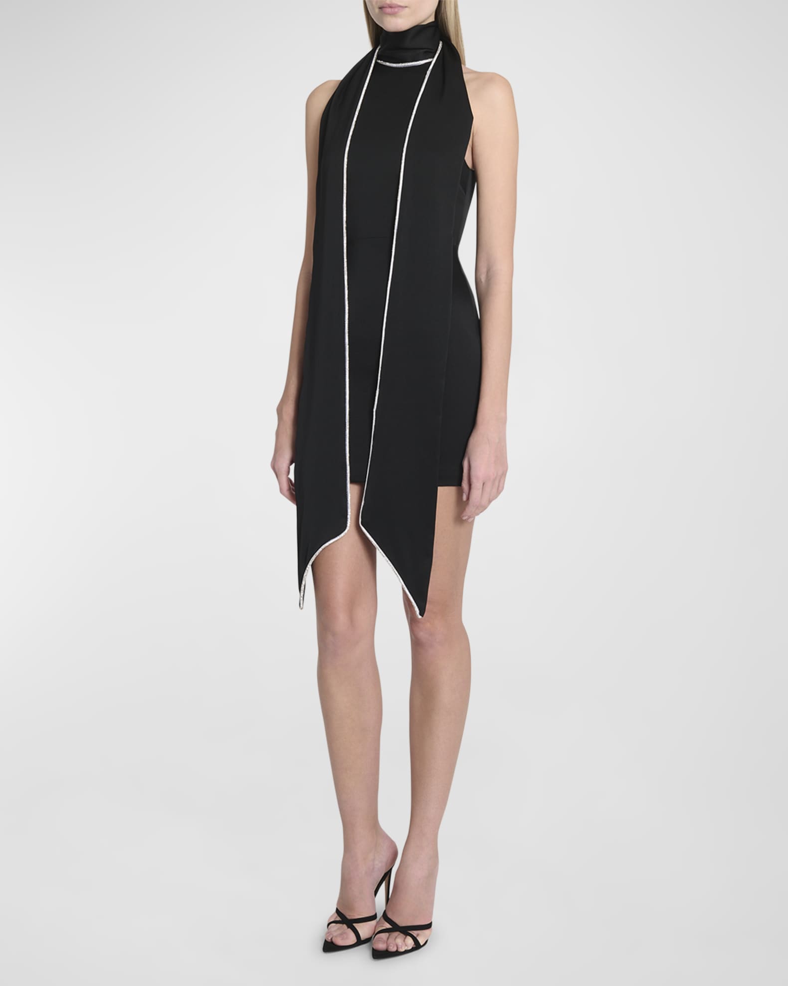Crystal Trimmed Scarf Mini Satin Dress 1