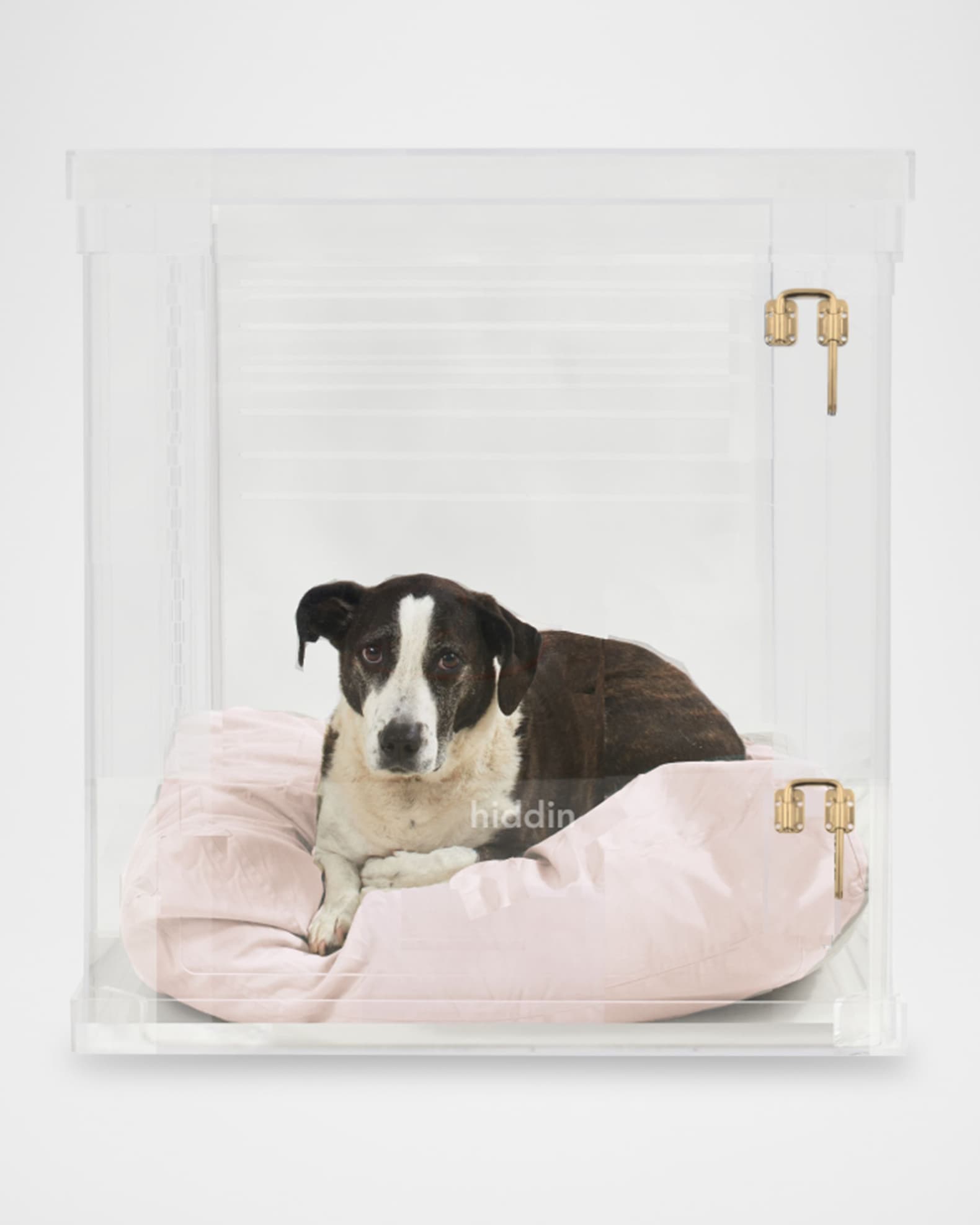 Image showcasing HIDDIN Medium Clear View Pet Crate with Golden Latch | Neiman Marcus