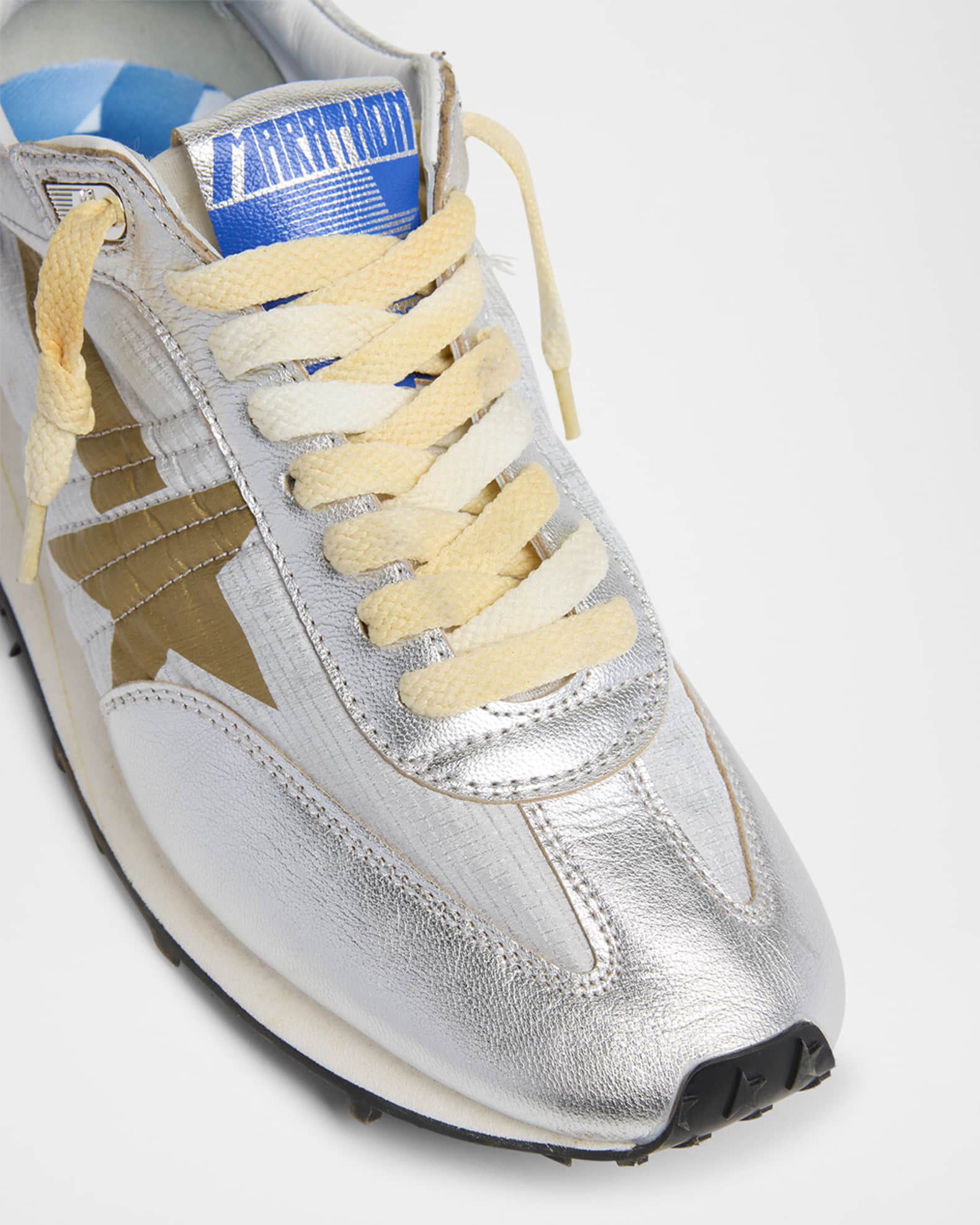 ★Golden ★ Running Marathon Sneakers Silver Black GMF0 Men's Marathon with silver ripstop nylon upper and black star