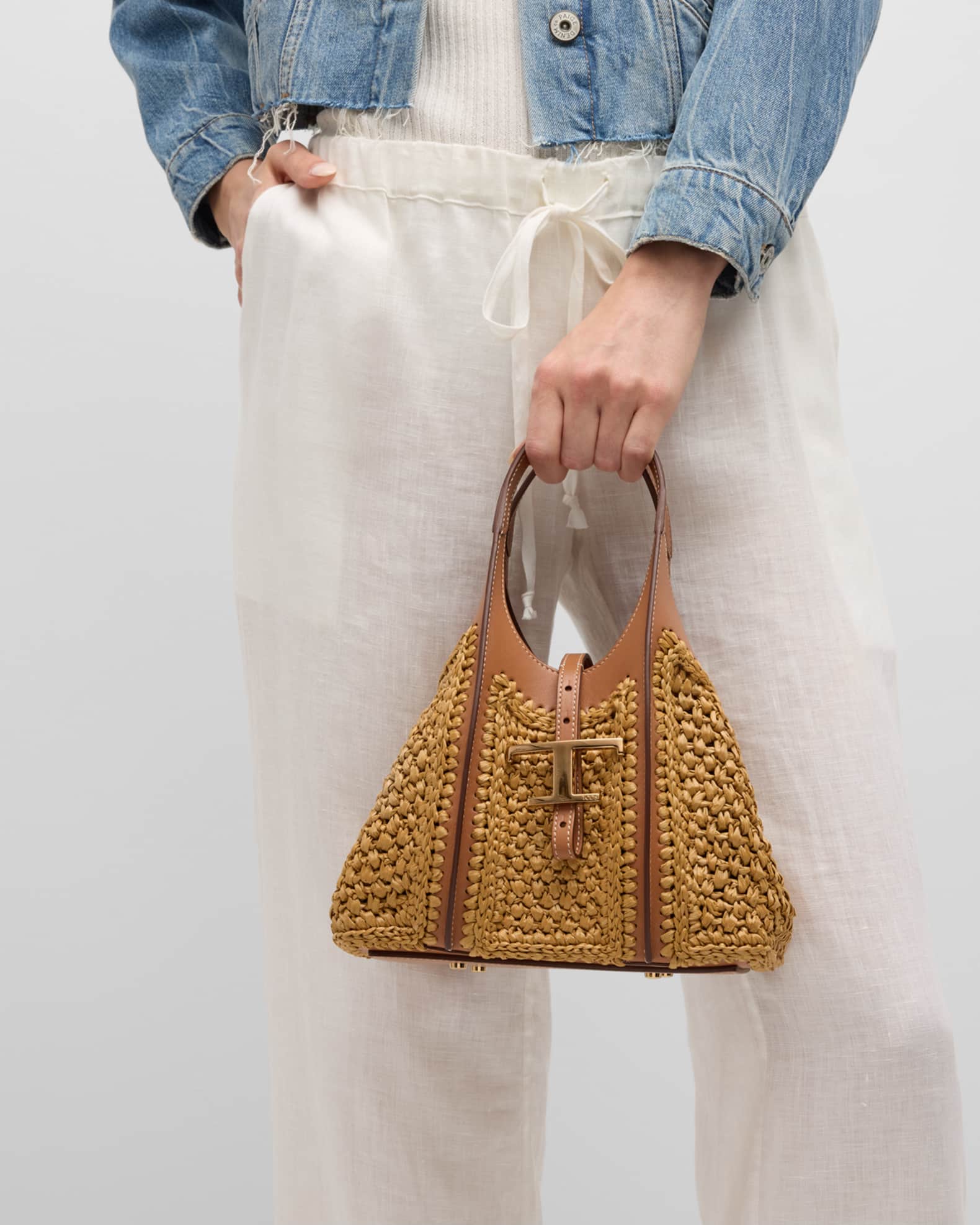 トートバッグ Tod'S Two-Tone Leather And Raffia Small Shopping Bag Mini Raffia T Timeless Tote Shopping Bag | Neiman Marcus