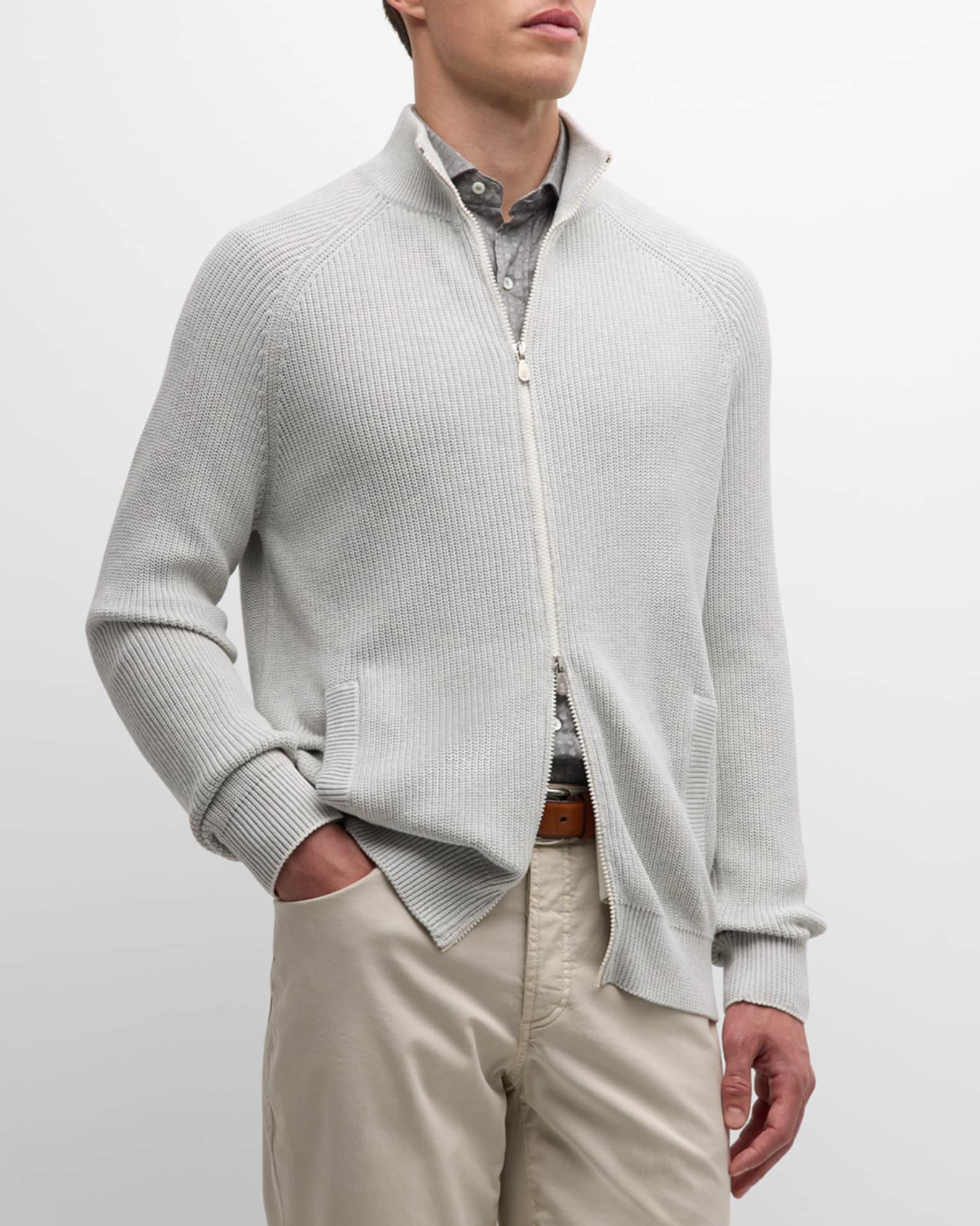 Brunello Cucinelli Men's Cotton Ribbed Full-Zip Sweater