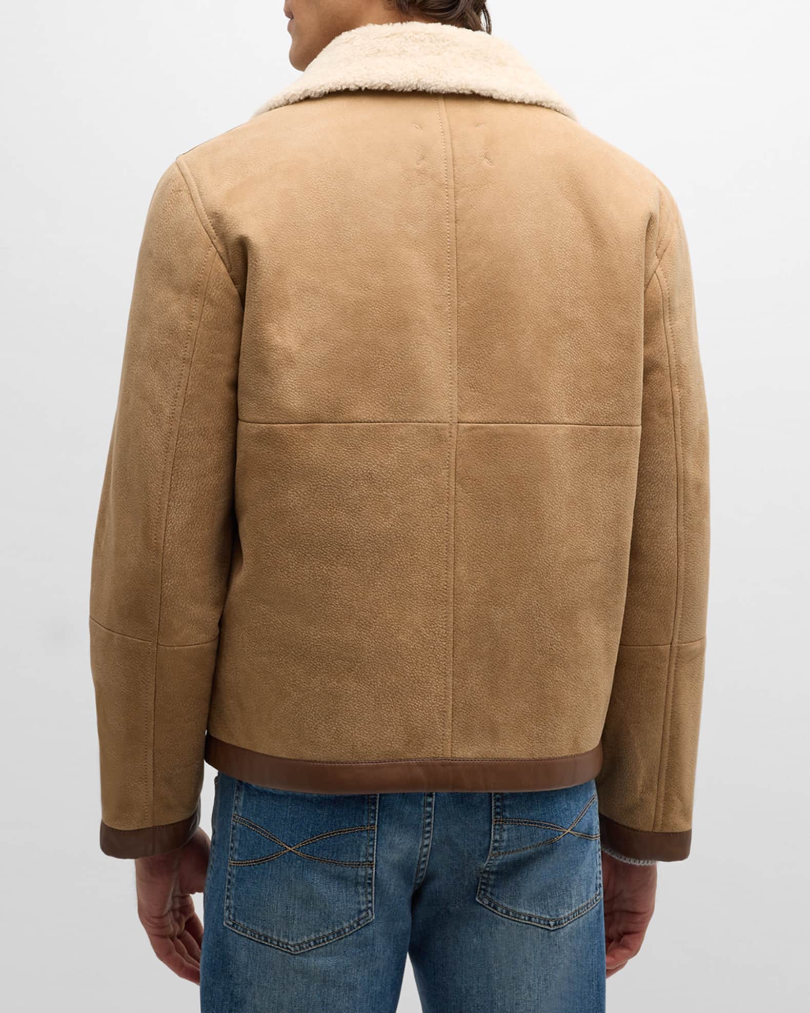 Brunello Cucinelli Men s Lamb Shearling Lined Suede Jacket with Leather Taping Brown Men s Medium Coats Jackets Outerwear Leather Jackets