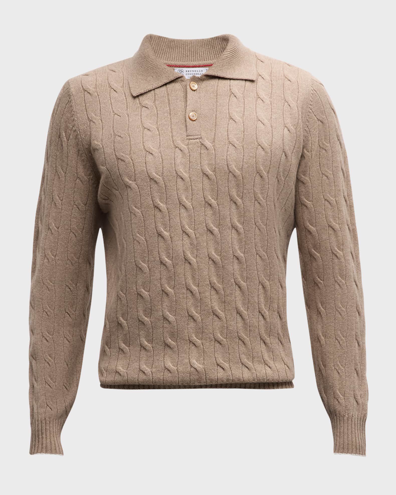 Brunello Cucinelli Cashmere Cable Knit Polo Sweater Medium Brown