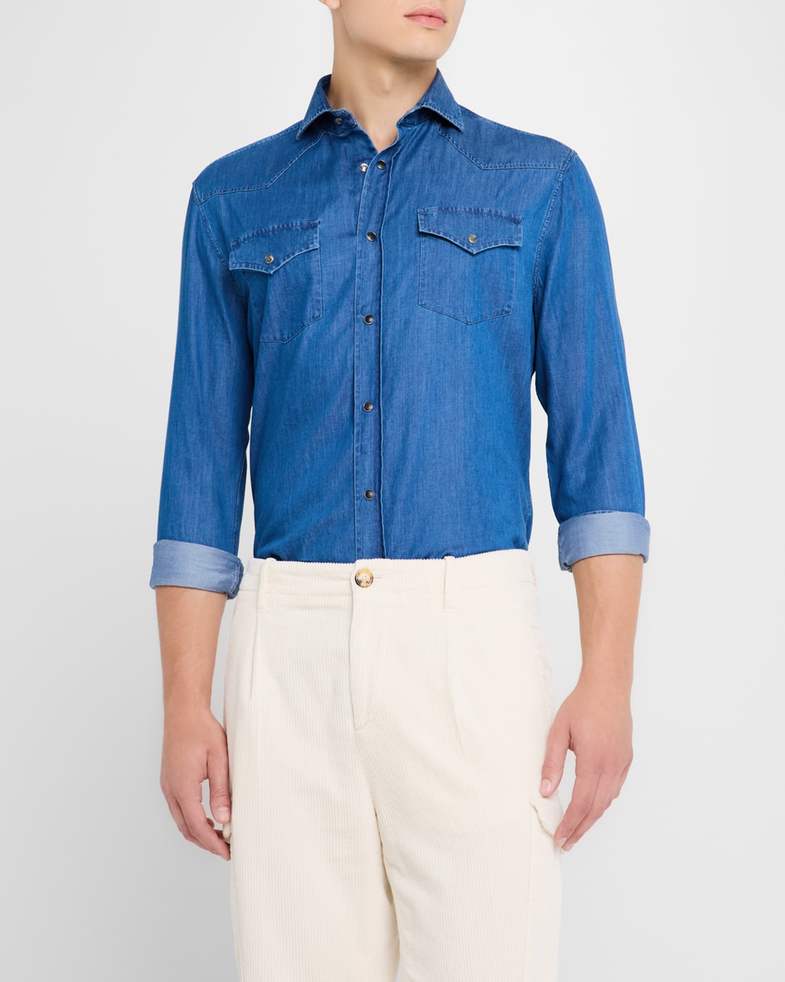 【BRUNELLO CUCINELLI】 Flannel chevron shirt for Man in Navy Blue | Brunello Cucinelli