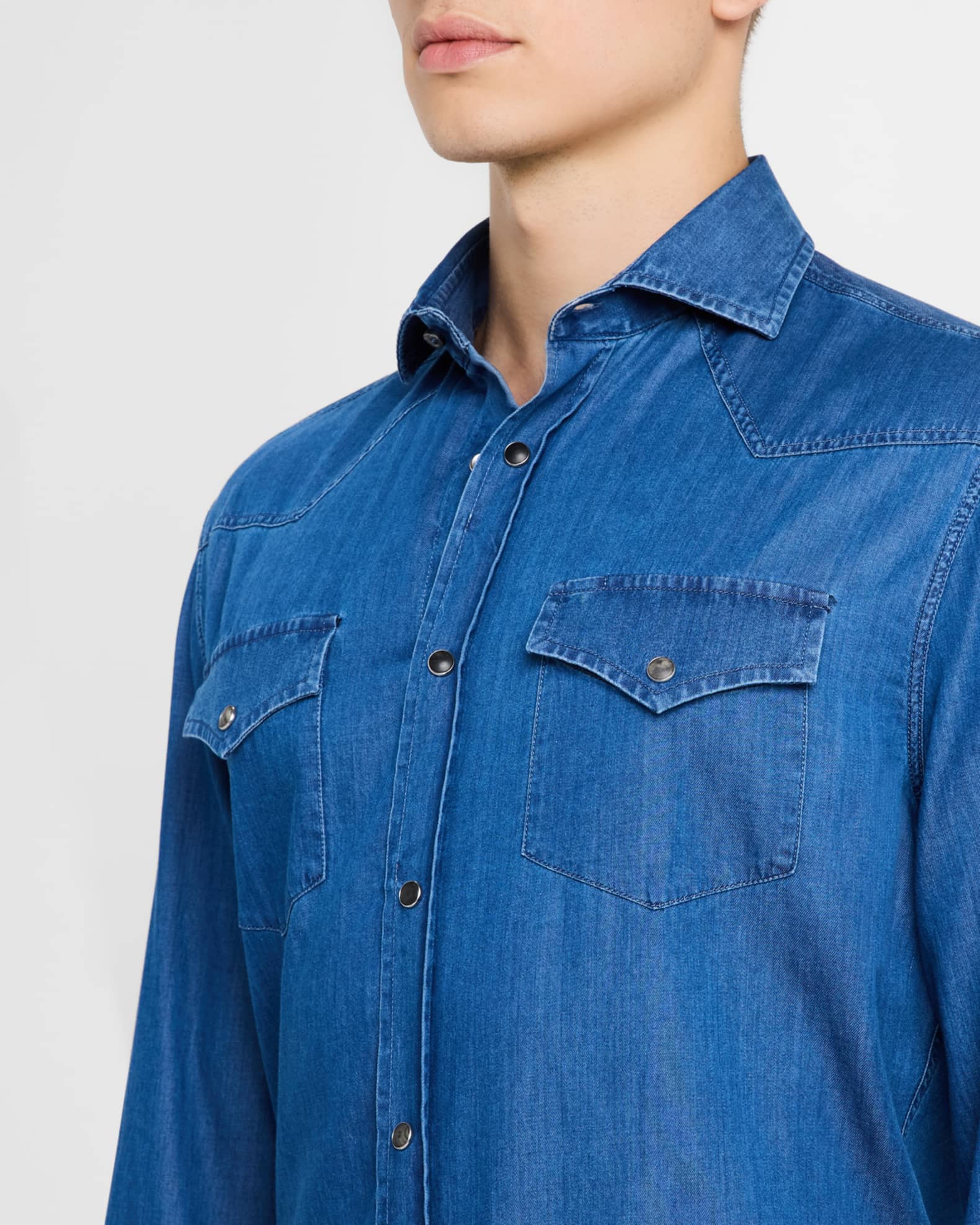 Brunello Cucinelli Men's Denim Snap-Front Western Shirt