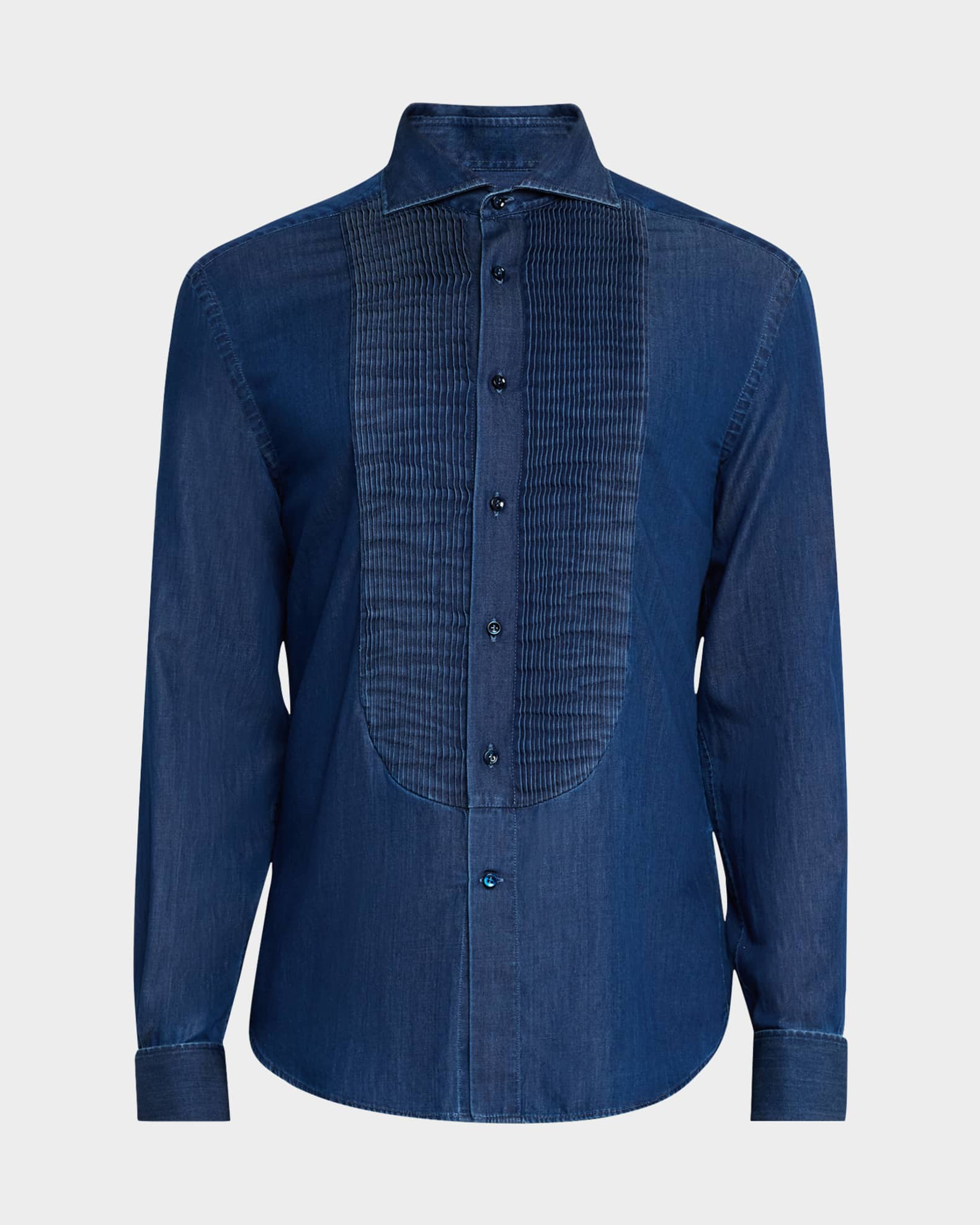 Men's Denim Pleated-Bib Dress Shirt 0