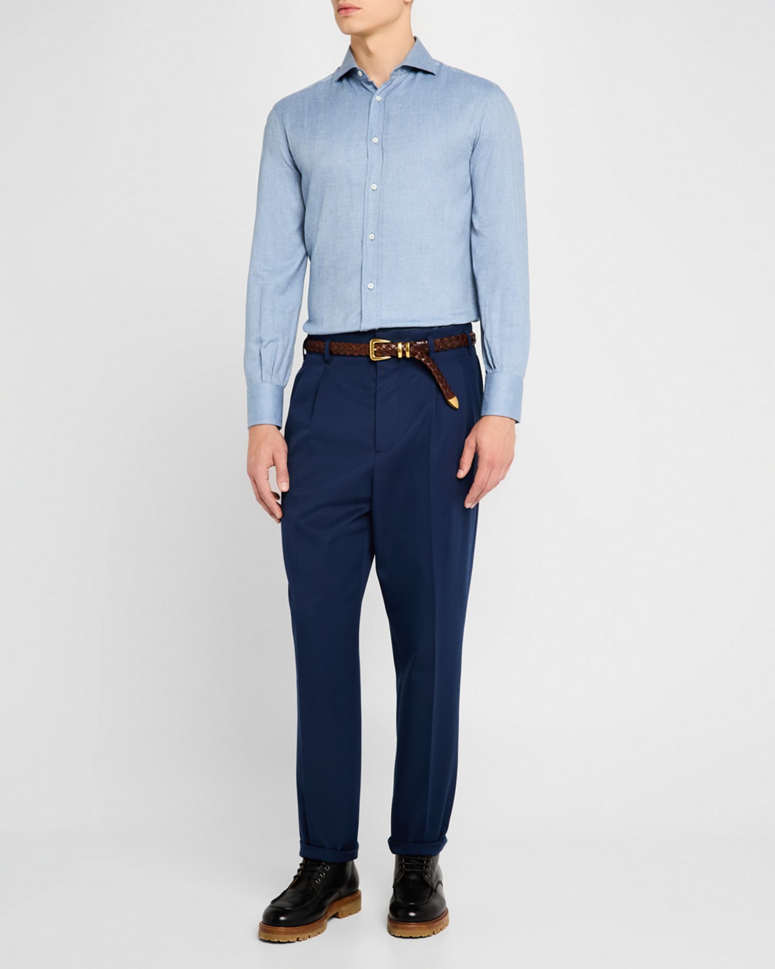High-Rise Cotton Gabardine Straight-Leg Pleated Trousers 1