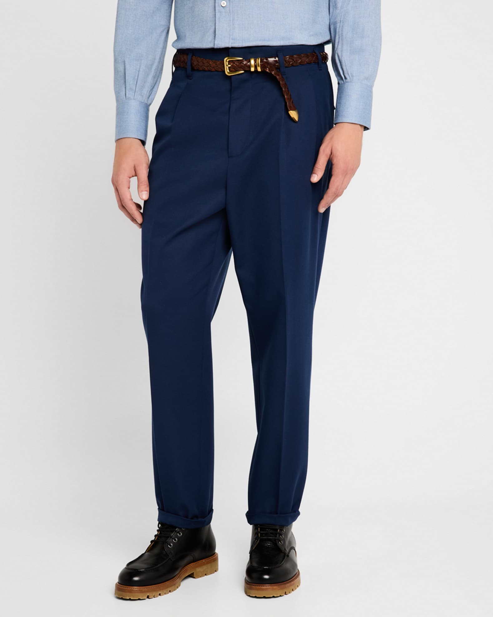 High-Rise Cotton Gabardine Straight-Leg Pleated Trousers