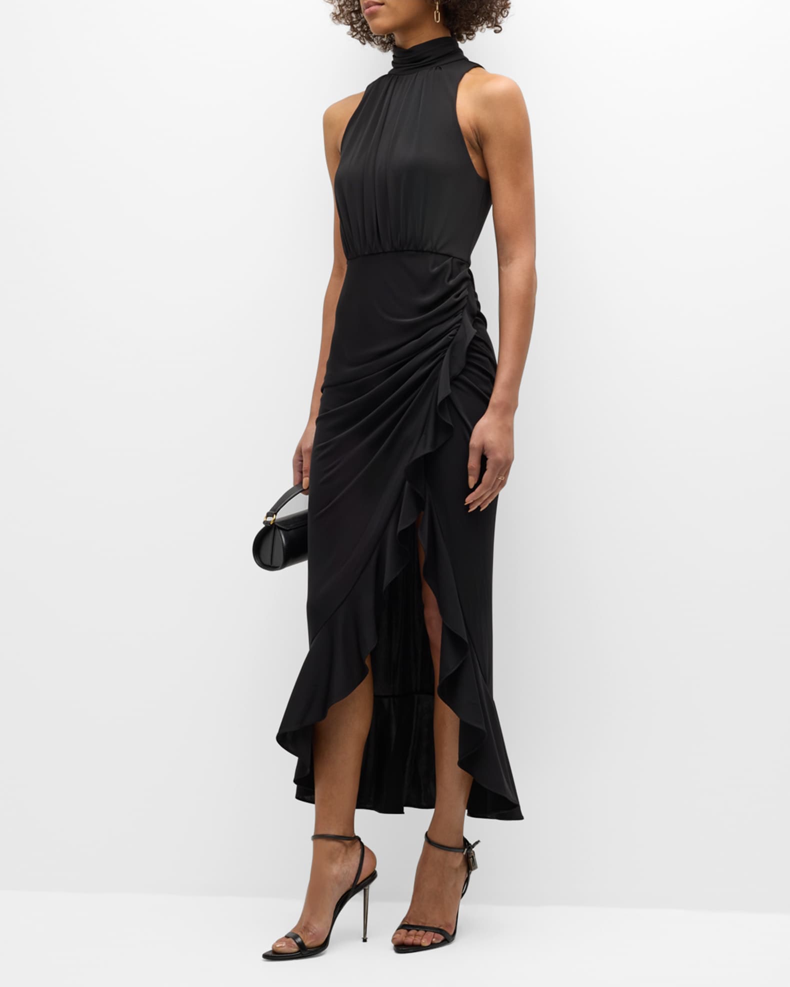 Cinq a Sept Antonia Sleeveless Draped Mock Neck Ruffle Slit Midi Dress Neiman Marcus