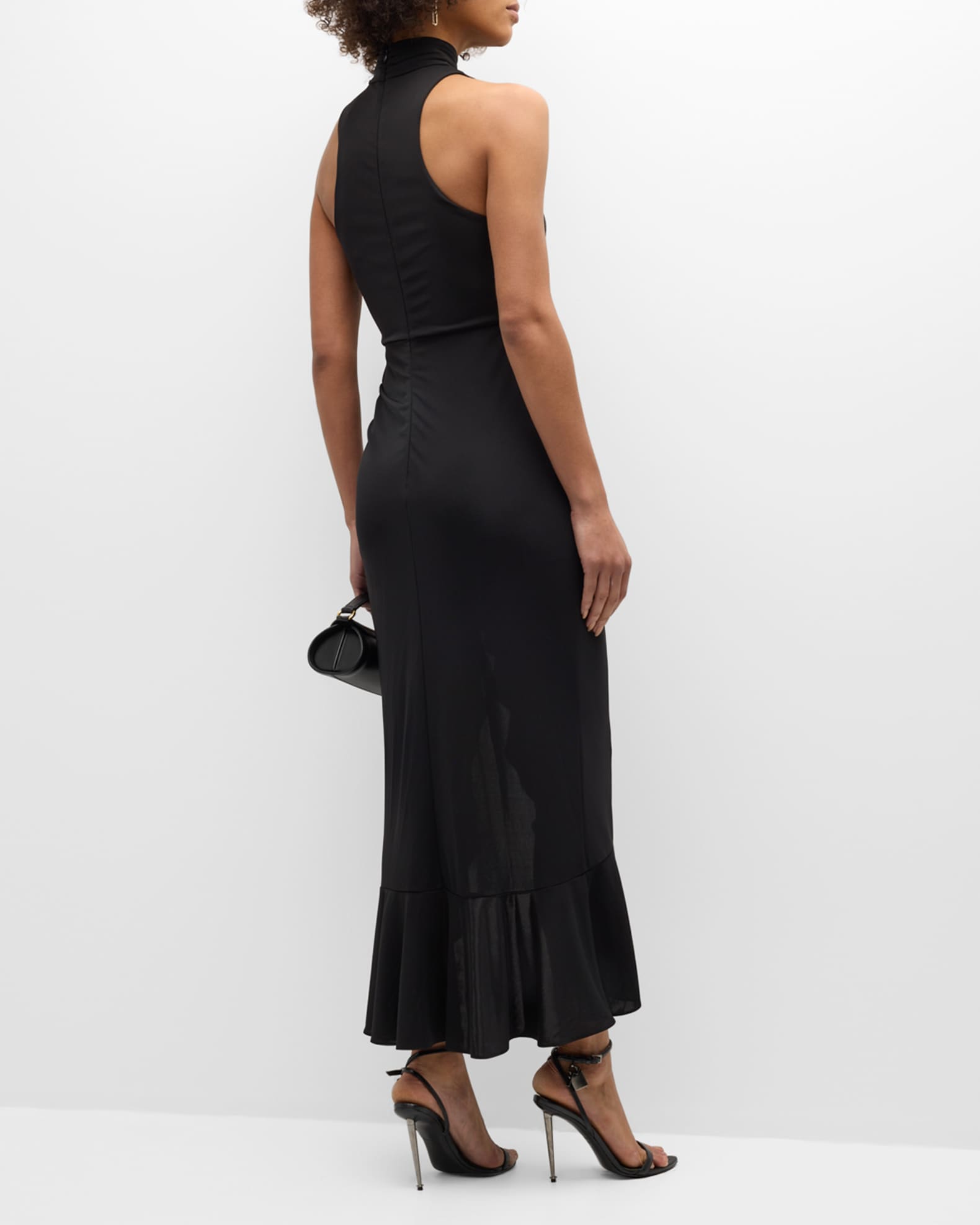 Cinq a Sept Antonia Sleeveless Draped Mock Neck Ruffle Slit Midi Dress Neiman Marcus