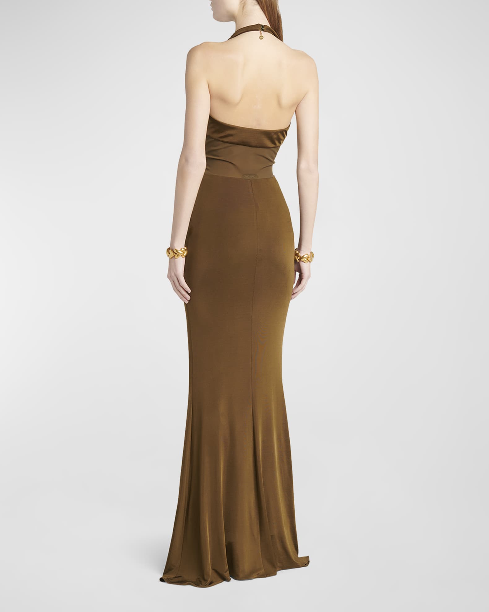 Halter Neckline Ruched Gown with Contrast Trim